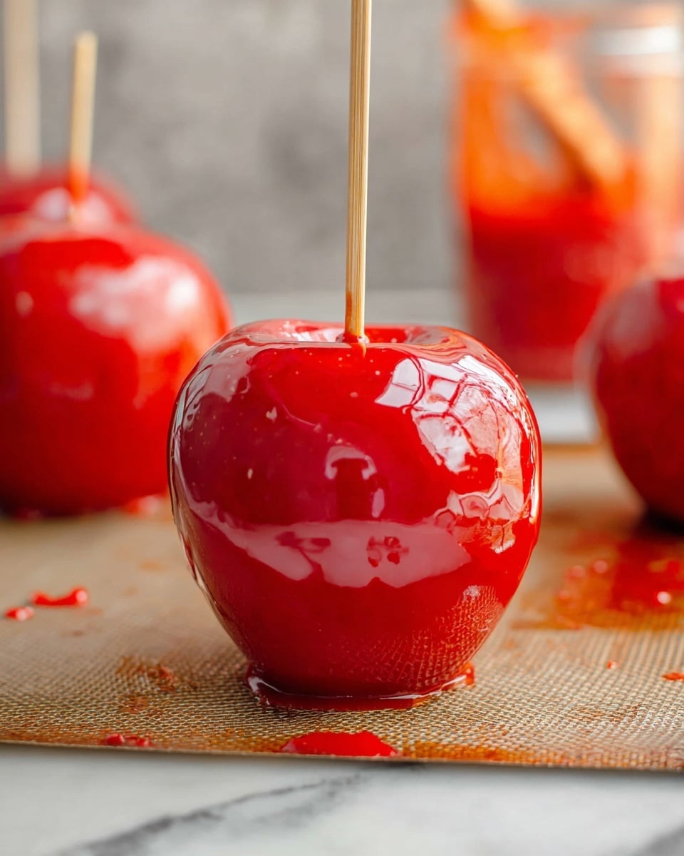 A close-up of a shiny red candy apple with a smooth, glossy candy coating fully covering the bright red apple underneath, pierced by a light wooden stick at the top center. The apple sits on a textured brown baking mat with a few small candy bits around it. In the blurry background, there is a glass jar with red candy sauce and a wooden spoon inside, along with another candy apple slightly out of focus, all placed on a white marbled surface. Photo taken with an iphone --ar 4:5 --v 7