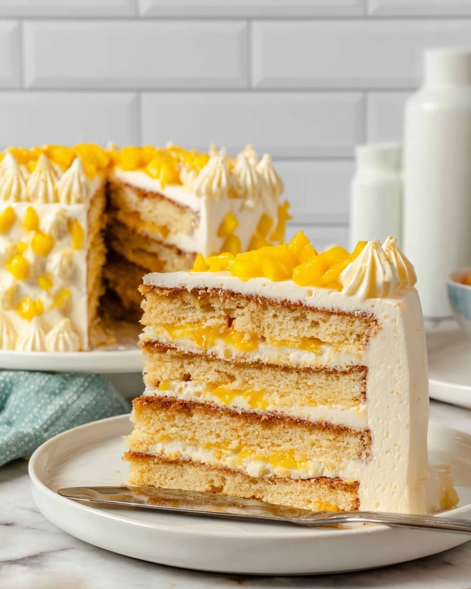 A tall cake with four thick layers of light golden sponge, each separated by a creamy mango-colored filling. The outside is covered with smooth, white frosting, decorated at the top edge with pointed swirls of the same white frosting. The top of the cake is fully covered with small, bright yellow mango pieces. The cake sits on a white plate with a silver knife resting in front. In the background, a slice of the same cake is placed on a white plate, and the scene is set against a white marbled surface and blurred white brick wall with white containers in the background. Photo taken with an iphone --ar 4:5 --v 7