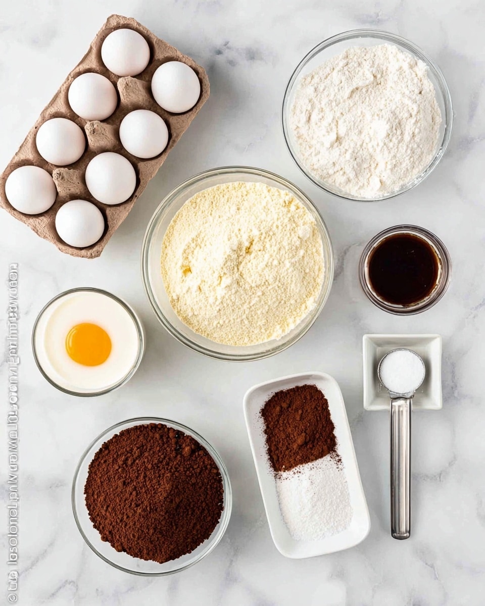 The image shows eight small containers of baking ingredients arranged on a light wooden background. At the top left, there is a round wooden bowl filled with white flour. To its right, a small square white bowl holds dark chocolate chips. Below that, a wooden spoon with white powder rests diagonally. A round white bowl filled with light brown sugar is placed near the center right. Below this, there is an oval white dish with a clear light liquid inside. At the bottom right, a small glass jar contains dark vanilla extract, and a white cup with white cream is next to it. On the bottom left, a round white bowl is filled with small white mini marshmallows, and a small wooden spoon with white salt lies horizontally next to it. The whole scene is on a white marbled textured surface. Photo taken with an iphone --ar 4:5 --v 7