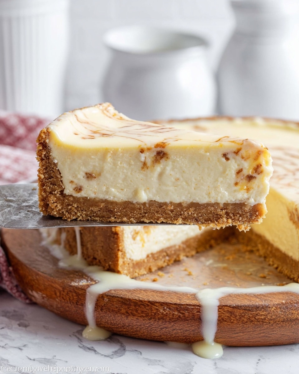 A close-up of a slice of cheesecake held by a woman's hand on a metal spatula above the rest of the cheesecake on a wooden board. The cheesecake has three layers: a thick, crumbly brown crust at the bottom, a creamy pale yellow filling with darker swirls in the middle, and a smooth, light glaze on top. The background shows blurry white kitchen jars and red strawberries on a white marbled surface. Photo taken with an iphone --ar 4:5 --v 7