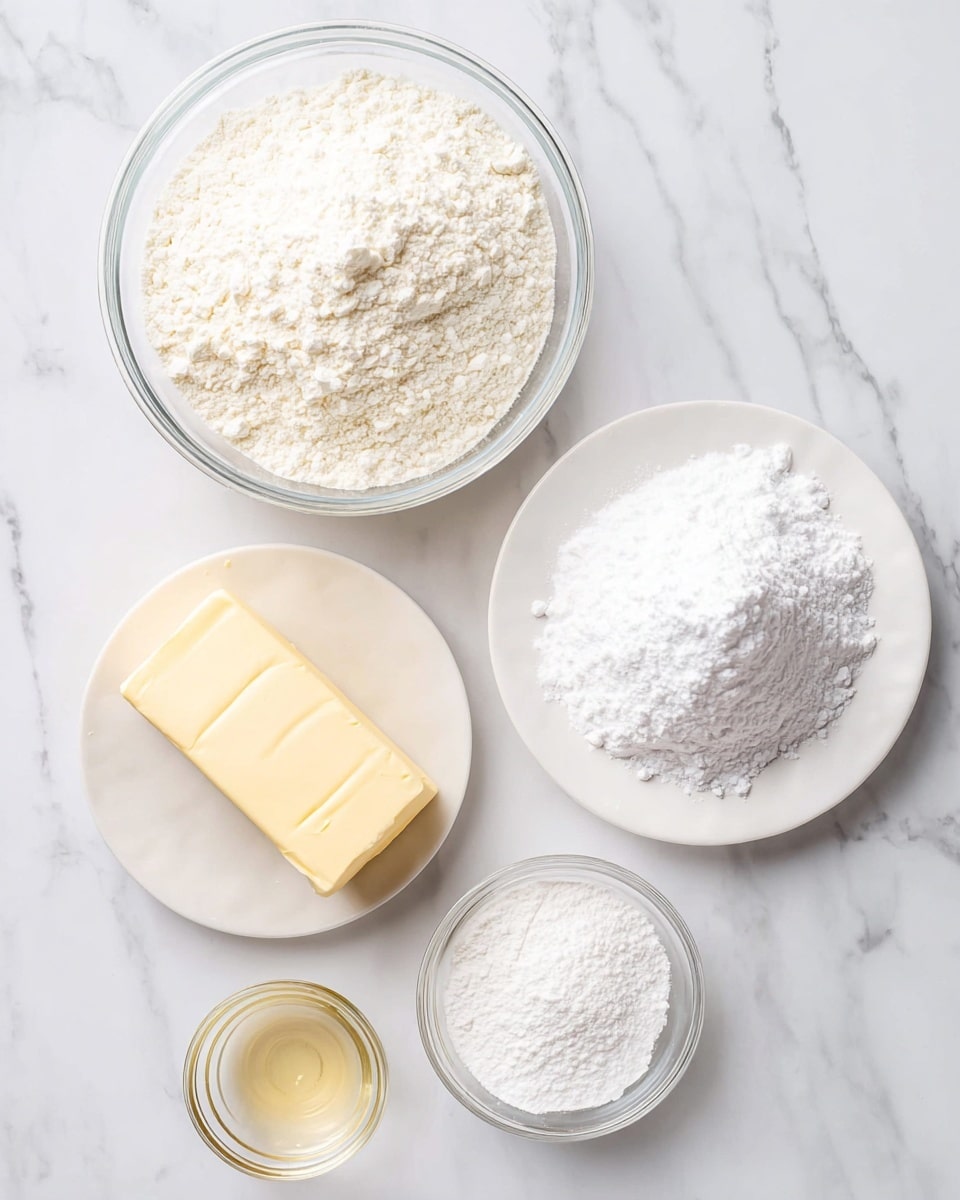 The image shows five baking ingredients placed on a white marbled surface. At the top center is a clear glass bowl filled with white flour, showing a slightly grainy texture. To its right sits a plain white plate heaped with powdered sugar, looking soft and fluffy. Below the plate is another clear glass bowl holding light-colored cornstarch, which appears fine and powdery. To the left of these bowls is a block of pale yellow butter with smooth edges, resting directly on the surface. Below the butter is a small clear glass bowl containing golden vanilla extract, smooth and shiny. The simple setup highlights each ingredient’s texture and color clearly. photo taken with an iphone --ar 4:5 --v 7