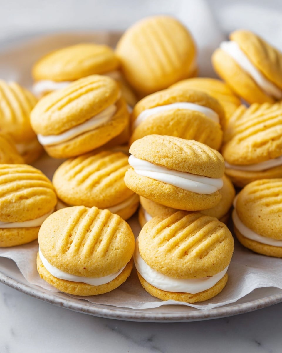 The image shows several small sandwich cookies arranged closely together in a white bowl lined with parchment paper. Each cookie has two soft, yellow halves with faint horizontal ridges on top. Between the cookie halves is a thick layer of white cream filling, making the cookies look soft and creamy inside. The bowl sits on a white marbled surface. The overall look is warm and inviting, with smooth creamy filling contrasting with the slightly textured cookie shells. photo taken with an iphone --ar 4:5 --v 7