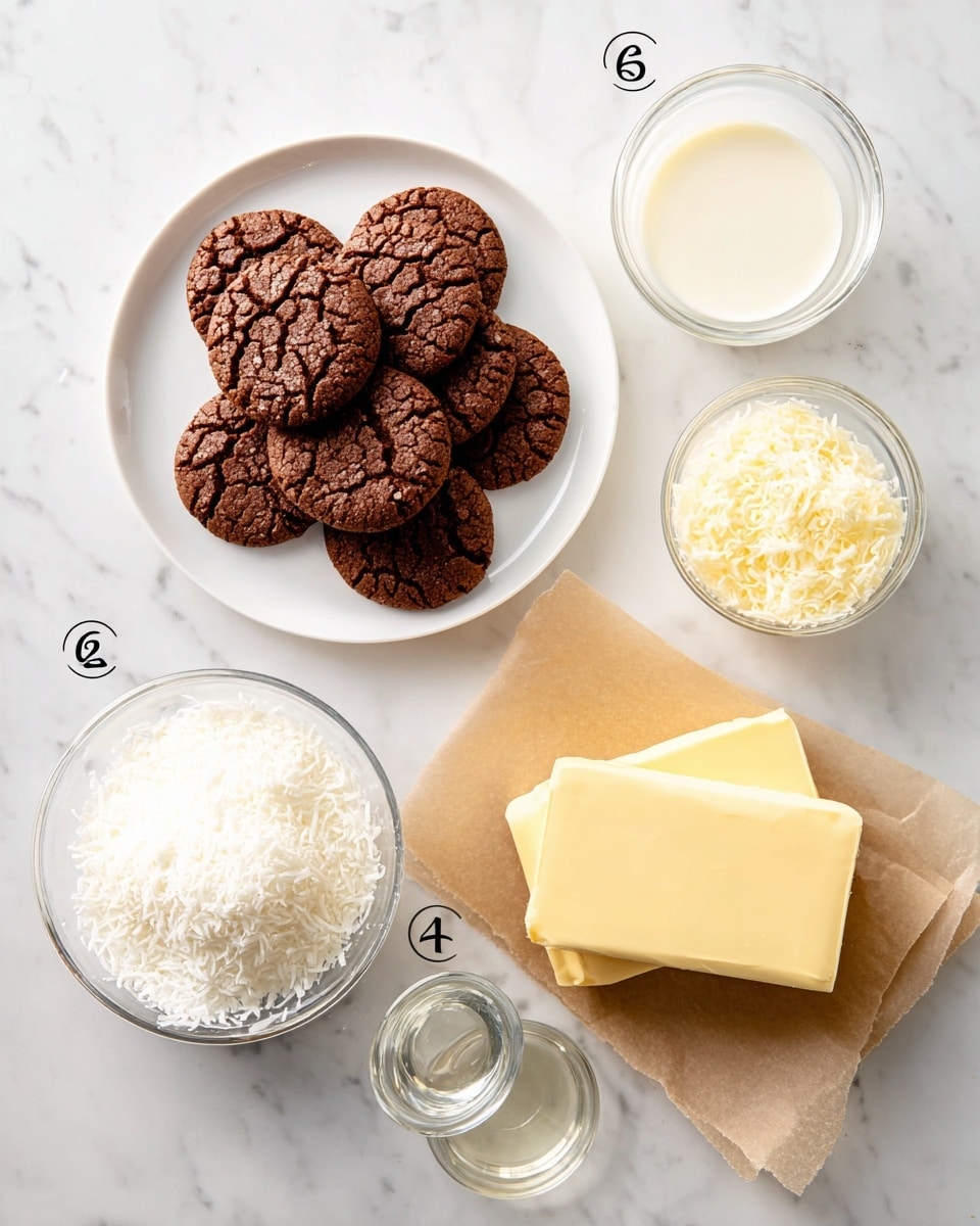 A white plate holds three neat rows of dark brown, round cookies with a cracked surface, stacked closely together on a white marbled surface. To the right, there are three rectangular pieces of creamy yellow-white white chocolate stacked on each other, and below them, one thicker block of pale yellow butter rests on a piece of light brown parchment paper. Below the cookies is a clear glass bowl filled with fine white shredded coconut. Further down, on the left, there is a small metallic cup filled with thick light cream. Next to it, two small clear glass bowls hold a transparent liquid each, arranged side by side on the white marbled surface. photo taken with an iphone --ar 4:5 --v 7