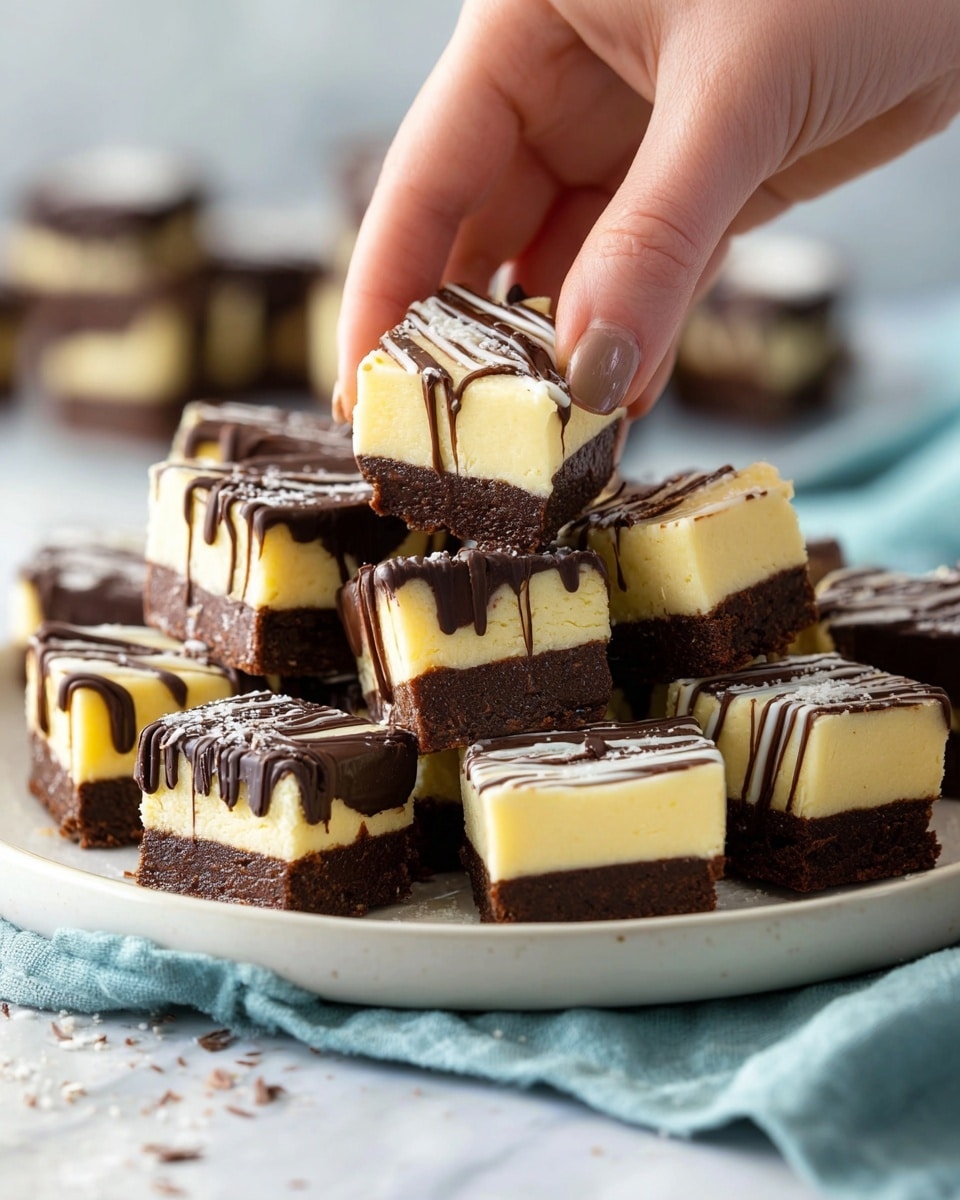 A stack of small square desserts is arranged on a white plate with a light blue base, set on a white marbled surface. Each dessert has two layers: a dark brown bottom layer with a rich chocolate texture and a creamy pale yellow top layer. Both types of squares are drizzled with thin lines of dark chocolate on the top. Among them, some pieces are fully coated in smooth dark chocolate with a chocolate drizzle on top. A woman's hand is holding one of the two-layer squares, showing the contrast between the creamy top and dense bottom layers. The background is softly blurred, adding focus to the desserts. photo taken with an iphone --ar 4:5 --v 7