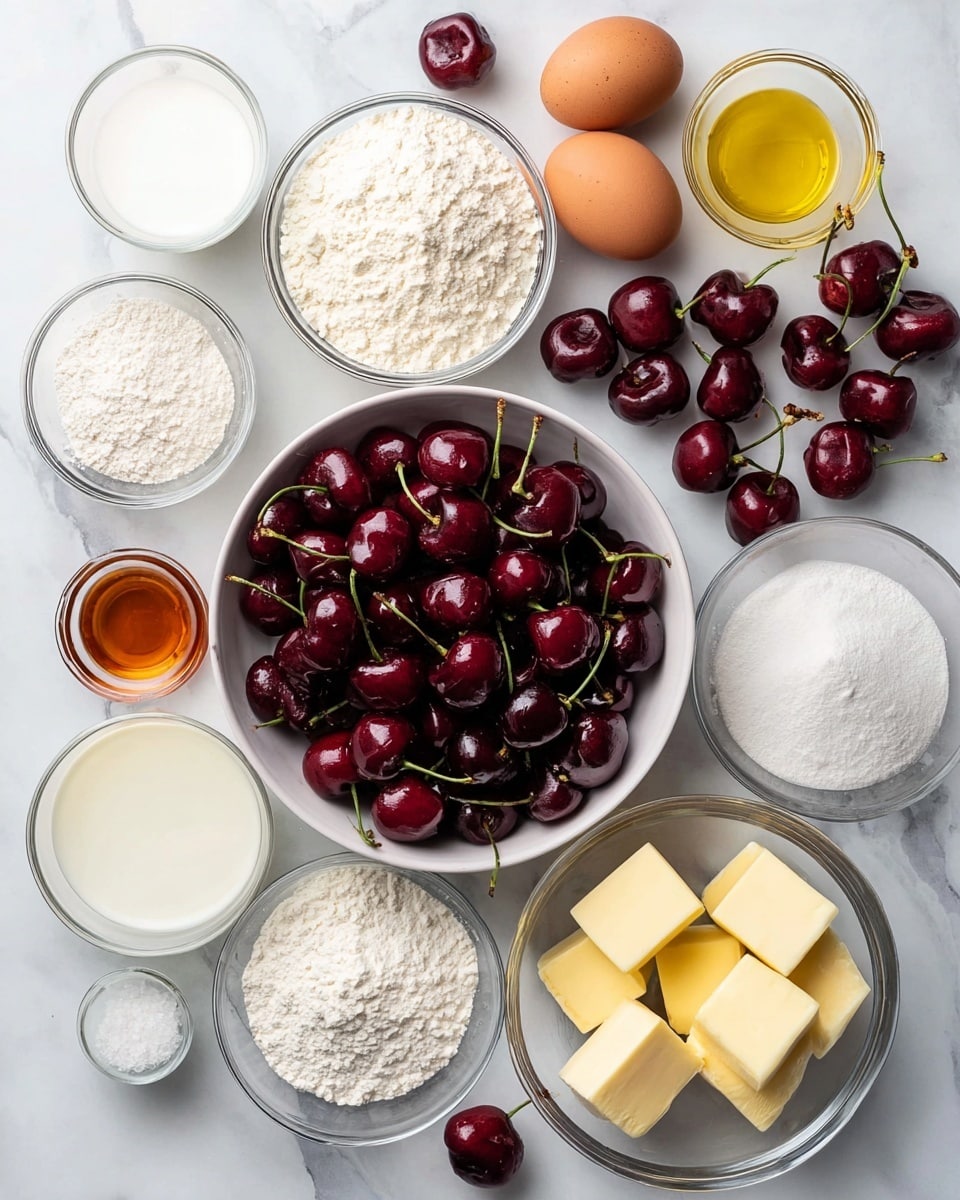 The image shows an overhead view of baking ingredients arranged neatly on a white marbled surface. There is one large white bowl in the center filled with dark red, halved cherries, some whole cherries with green stems resting beside it. Surrounding this bowl are smaller clear glass bowls containing white flour, sugar, and various white powders like baking soda and salt. Three brown eggs are placed near these bowls, along with blocks and slices of pale yellow butter. There are also clear glasses filled with white and creamy liquids, a small glass container with a golden-yellow oil, and some amber-colored liquid in a small glass bowl. Everything is spaced out clearly and looks fresh and ready for baking. Photo taken with an iphone --ar 4:5 --v 7