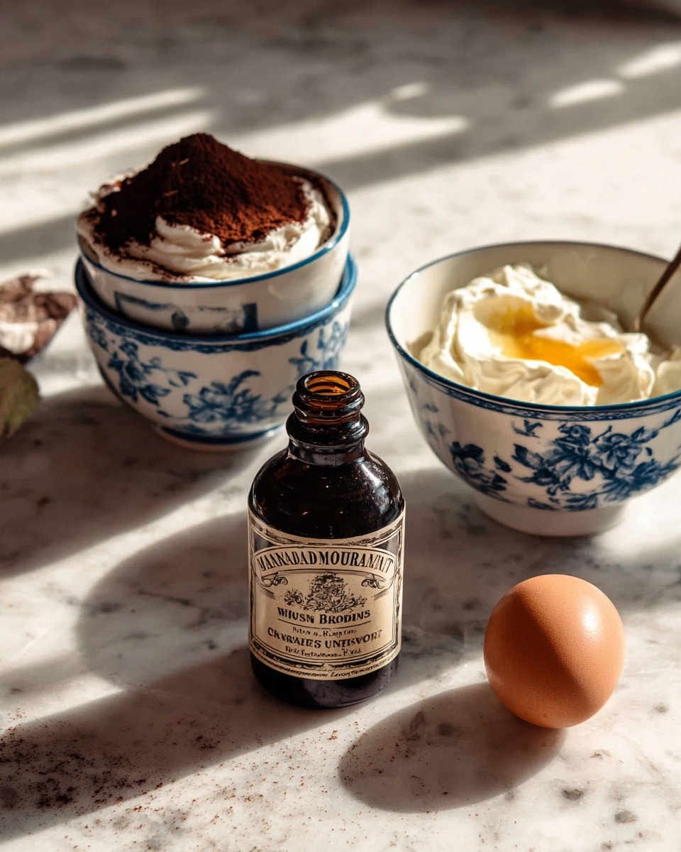 The image shows a close-up of baking ingredients arranged on a white marbled surface. In the foreground, there is a small brown glass bottle of Madagascar Bourbon Pure Vanilla Extract with a vintage-style label. To the right of the bottle, there is a single brown egg resting on the surface. Behind the egg, a white bowl with blue floral patterns holds a thick white cream or sour cream. In the background, slightly out of focus, another bowl, also white with blue floral patterns, is filled with dark brown cocoa powder topped with a dollop of white cream with a soft yellow center. The lighting creates soft shadows, adding warmth and depth to the image. Photo taken with an iphone --ar 4:5 --v 7