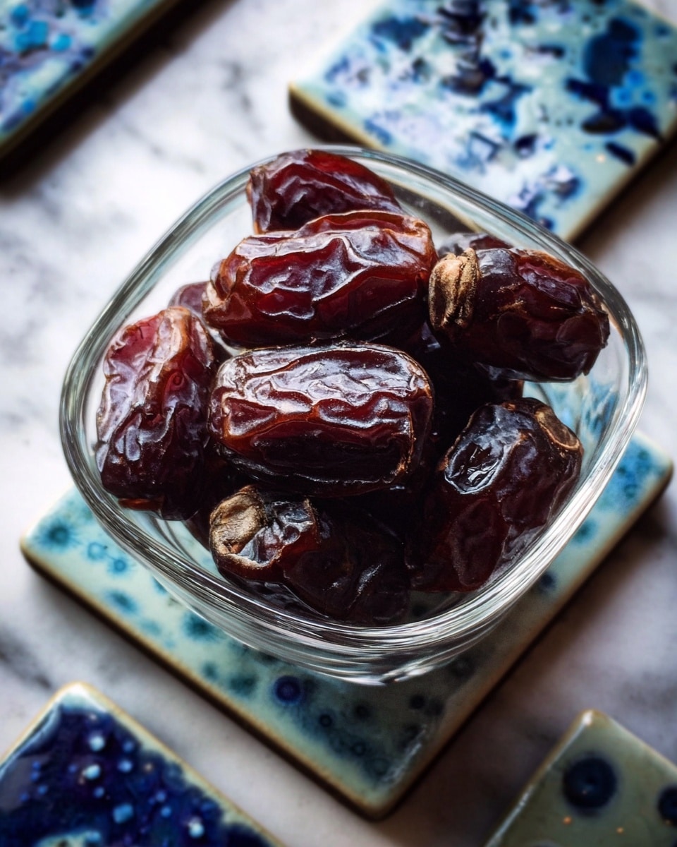 A glass bowl filled with glossy, wrinkled dark brown dates, each date showing a textured skin with some areas reflecting light. The bowl is placed on a small square coaster with a blue and white abstract pattern, surrounded by similar square coasters that create a frame around the bowl. The surface underneath has a white marbled texture. photo taken with an iphone --ar 4:5 --v 7