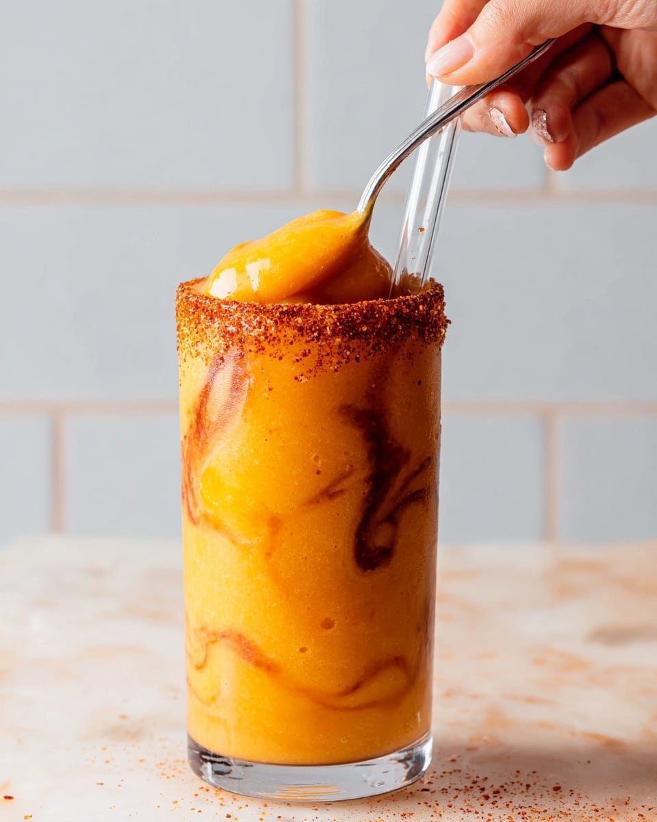 A close-up image of a thick, bright orange smoothie in a tall clear glass with swirls of dark brown sauce inside. The rim of the glass is coated with a reddish spice mix. A woman's hand holds a silver spoon scooping some of the thick smoothie from the top. Next to the spoon is a clear glass straw inserted into the drink. The setting features a white marbled surface and a pale tiled background. Photo taken with an iphone --ar 4:5 --v 7