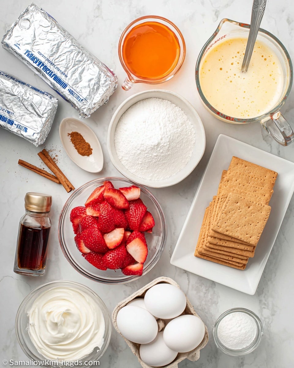 A top view of various dessert ingredients arranged on a white marbled surface, including two foil-wrapped blocks of cream cheese in the upper left, a glass of orange liquid near the top center, and a glass measuring cup filled with a frothy yellow mixture to the right. A large white bowl filled with granulated sugar sits in the center, with a small metal spoon holding cinnamon nearby. On the right, a white rectangular plate holds several graham crackers stacked. Below the sugar, a clear bowl is filled with bright red sliced strawberries, next to a small brown bottle of vanilla extract. Nearby, a round white plate holds powdered sugar with a small spoon on top. In the lower part of the image, an open carton holds four white eggs, and a cup of thick white cream cheese is visible. Photo taken with an iphone --ar 4:5 --v 7