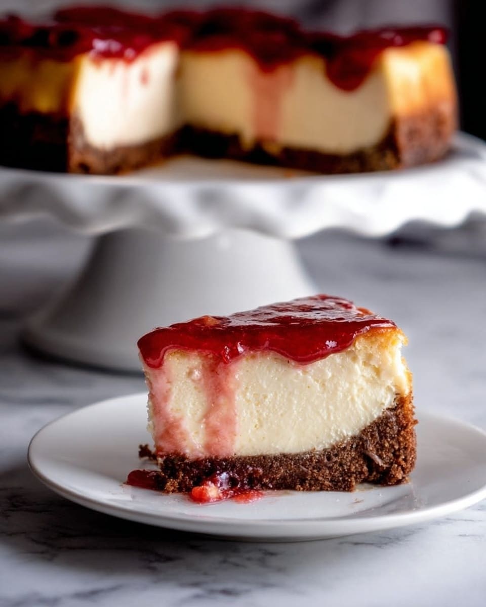The image shows a slice of cheesecake on a white plate set on a white marbled surface, with the rest of the cheesecake on a white cake stand in the background. The cheesecake has three visible layers: a bottom dark brown crust, a thick middle layer of creamy off-white cheesecake, and a shiny red topping that looks like a jelly or fruit sauce, dripping slightly on the sides. The texture of the cheesecake layer looks smooth and dense, while the crust appears crumbly and textured. There is a small piece cut from the slice. The photo taken with an iphone --ar 4:5 --v 7