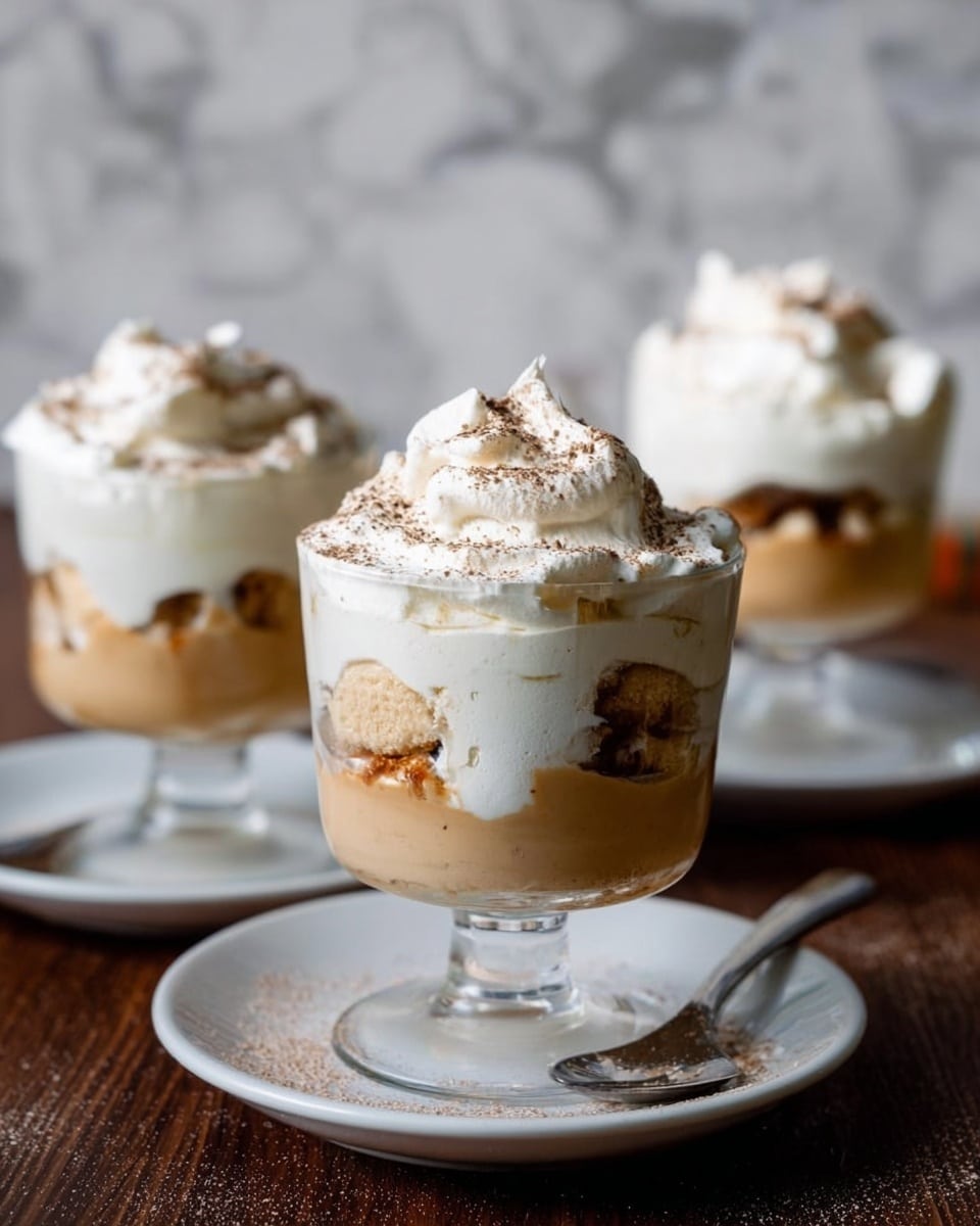 The image shows three glass dessert cups, each with three layers. The bottom layer is light brown and smooth, followed by a layer of white whipped cream with pieces of cake or biscuit inside. On top is a thick layer of white whipped cream sprinkled with a light brown powder. Each glass sits on a white plate on a wooden table, with a white marbled surface in the background. One glass is in clear focus at the front, with the others blurred behind it. Photo taken with an iphone --ar 4:5 --v 7