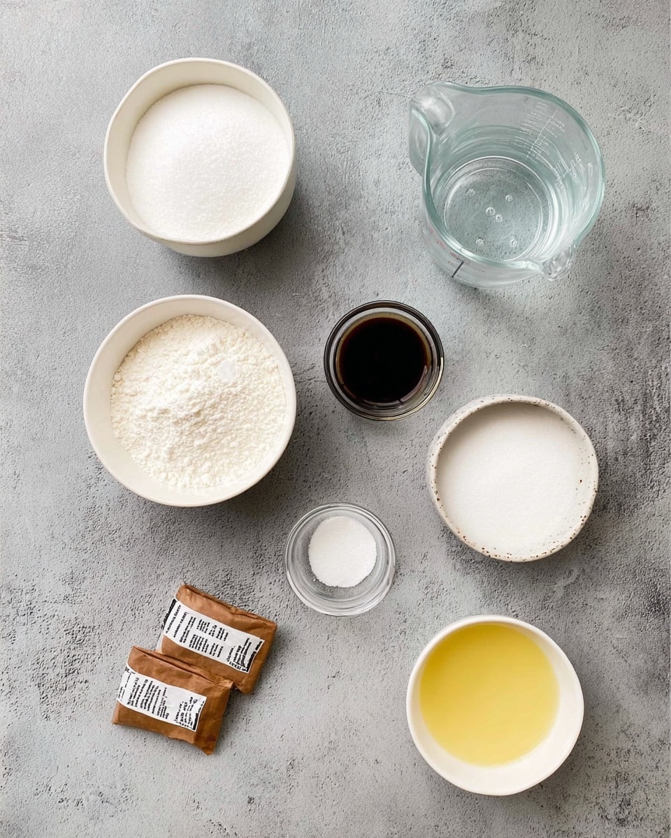 The image shows a soft gray textured background with several baking ingredients neatly arranged. There are two white bowls containing white powders placed near the top, a clear measuring cup filled with water to the right, and three small brown packets of gelatin near the bottom left. A white bowl filled with granulated sugar is in the middle, with a small glass bowl of dark vanilla extract just below it to the right. Near the bottom right, a small glass bowl of white salt is placed beside a white bowl containing a yellow liquid. All containers are simple and clean, sitting on the gray surface in an organized fashion. photo taken with an iphone --ar 4:5 --v 7