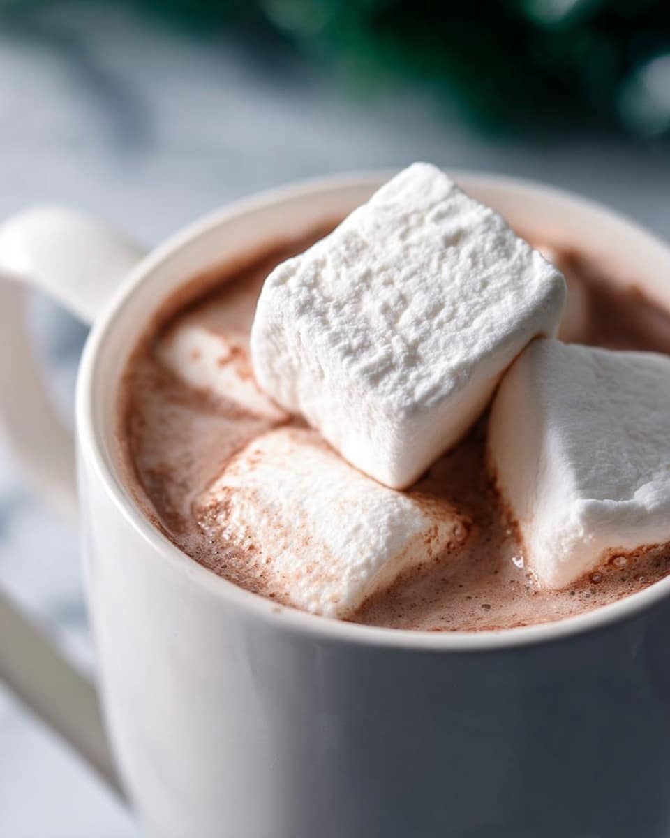 The image shows a close-up view of a white mug filled with light brown hot chocolate, topped with three large, square, white marshmallows that are slightly melting at the edges into the drink. The marshmallows have a soft, fluffy texture and sit floating on the surface of the hot chocolate. The background has a soft focus with green and white hues, and the mug is placed on a white marbled surface. photo taken with an iphone --ar 4:5 --v 7