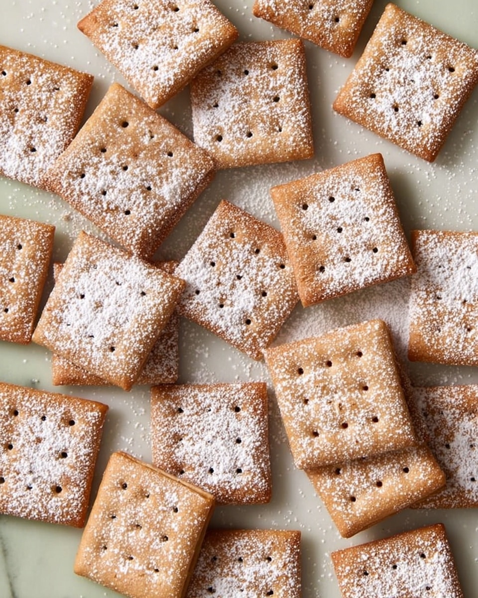 The image shows many square crackers scattered closely on a white marbled surface. Each cracker is a light brown color with small holes in a pattern and is topped lightly with a layer of white powdered sugar dusted evenly over them. No other objects or colors are visible in the scene. Photo taken with an iphone --ar 4:5 --v 7