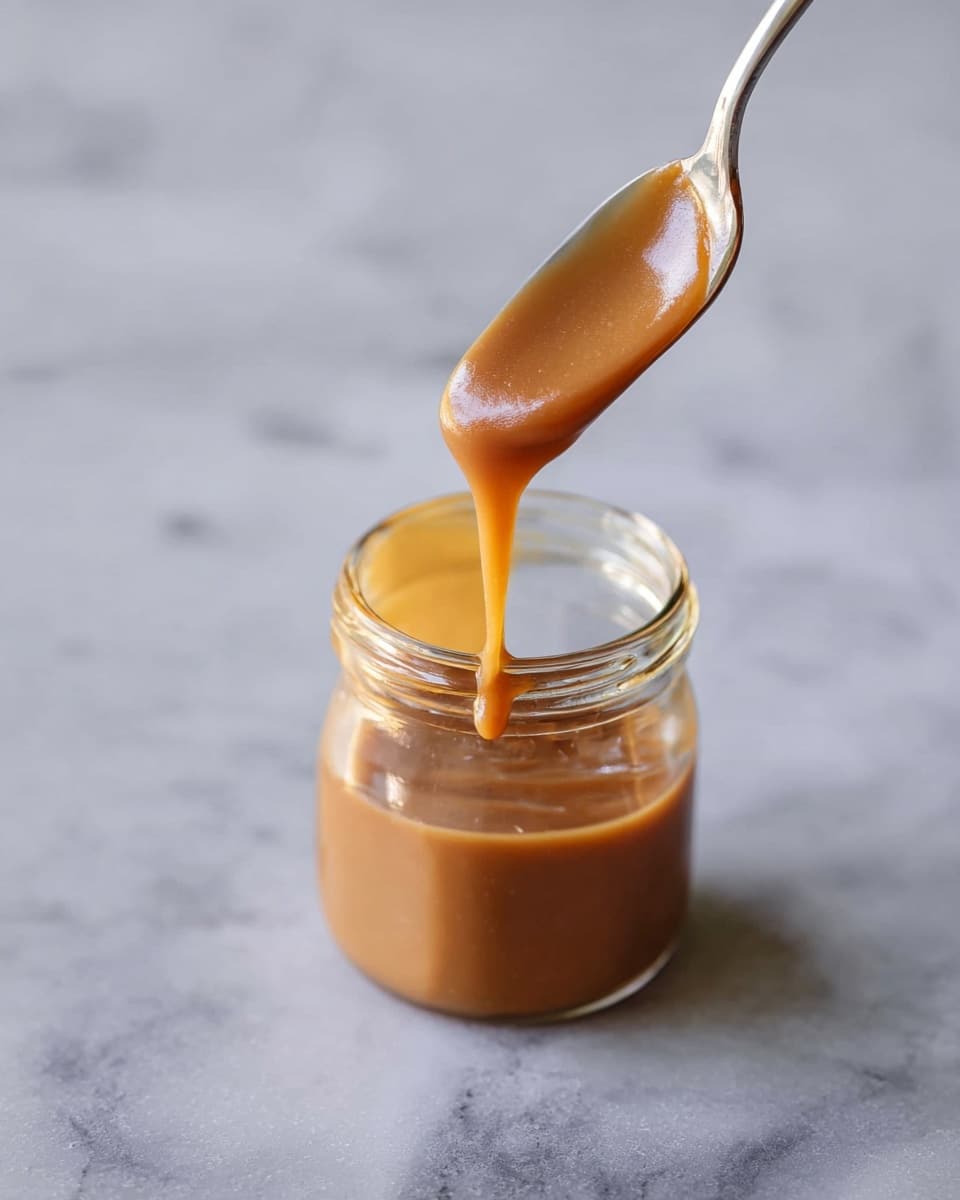 The image shows a small clear glass jar filled with thick, smooth, light brown caramel sauce. A shiny silver spoon holds some of the caramel, with sauce slowly dripping back into the jar. The background is a soft white marbled texture, giving a clean and bright look to the photo taken with an iphone --ar 4:5 --v 7