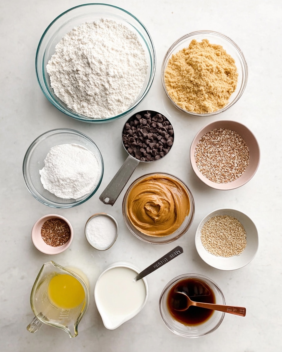 The image shows eleven containers of various sizes on a white marbled surface, filled with different baking ingredients. The largest round glass bowl at the top center contains white flour. To its right, a medium round glass bowl holds light brown almond flour with a crumbly texture. Below it, a metal measuring cup is filled with dark chocolate chips. Next to it is a brown measuring cup overflowing with smooth peanut butter. In the center, a medium round glass bowl is full of white granulated sugar. Below and to the left, a small glass bowl contains small brown flax seeds, and next to it is a small white cup with a white powder, likely baking soda or baking powder. Above it is a small pink bowl with another kind of white powder, maybe salt. Next, a small white cup with a liquid, probably milk or cream. At the bottom left, a glass measuring jug holds pale yellow melted butter with a whisk inside. Above it, a small white jug contains clear liquid, such as water or oil. Above that, a small white bowl has a dark brown liquid, likely vanilla extract, held by a copper spoon. The setup is neat and bright, with natural light highlighting the textures and colors of the ingredients. Photo taken with an iphone --ar 4:5 --v 7