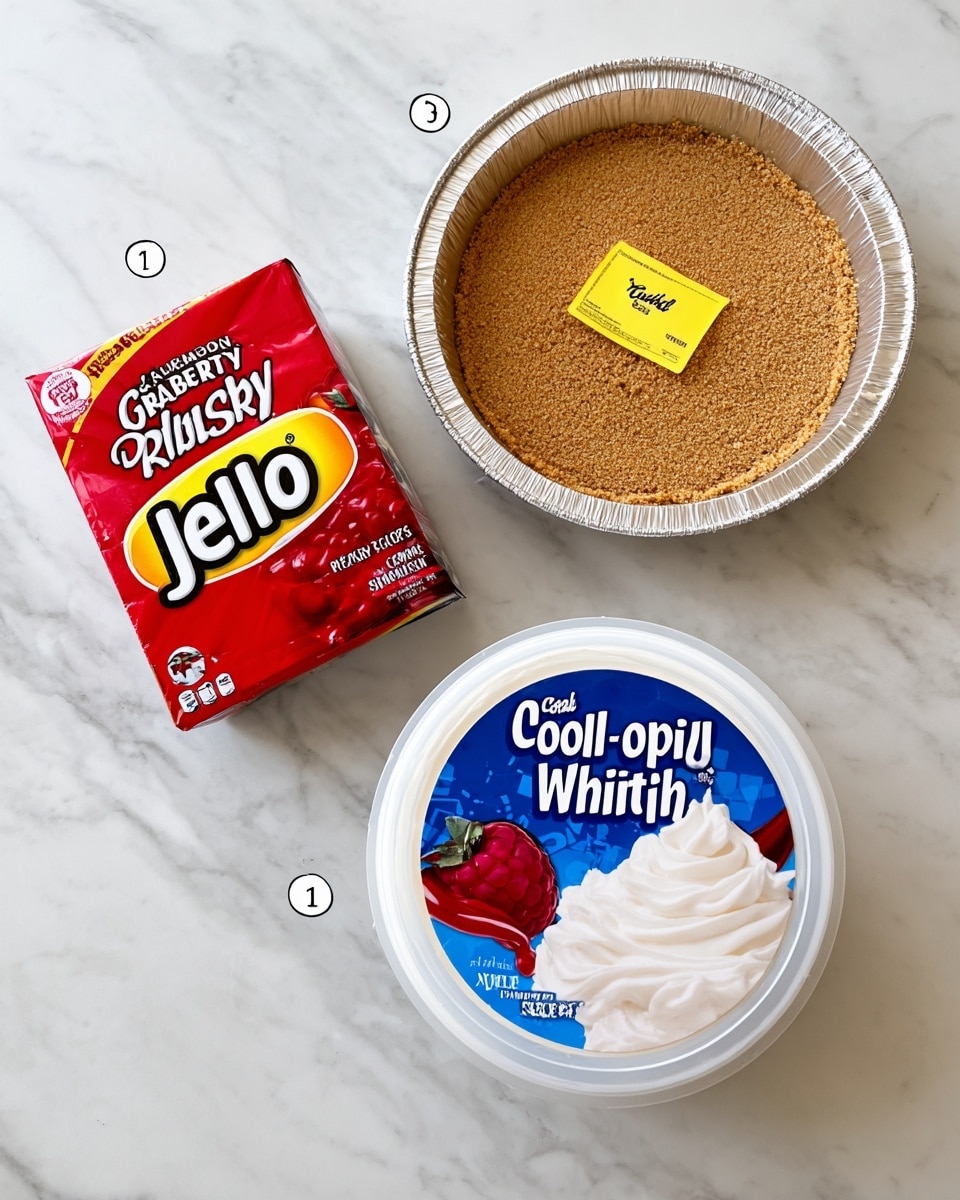 A white marbled table holds three items for a dessert: a round graham cracker crust in a silver foil pie pan with a yellow label on top, a red box of raspberry Jell-O gelatin, and a round white container of Cool Whip Original topping with a blue lid featuring images of whipped cream on desserts. The graham cracker crust is positioned on the left side, the Jell-O box is above and slightly right, and the Cool Whip container is below the Jell-O on the right side. The scene is bright and clear, showing all packaging details. photo taken with an iphone --ar 4:5 --v 7