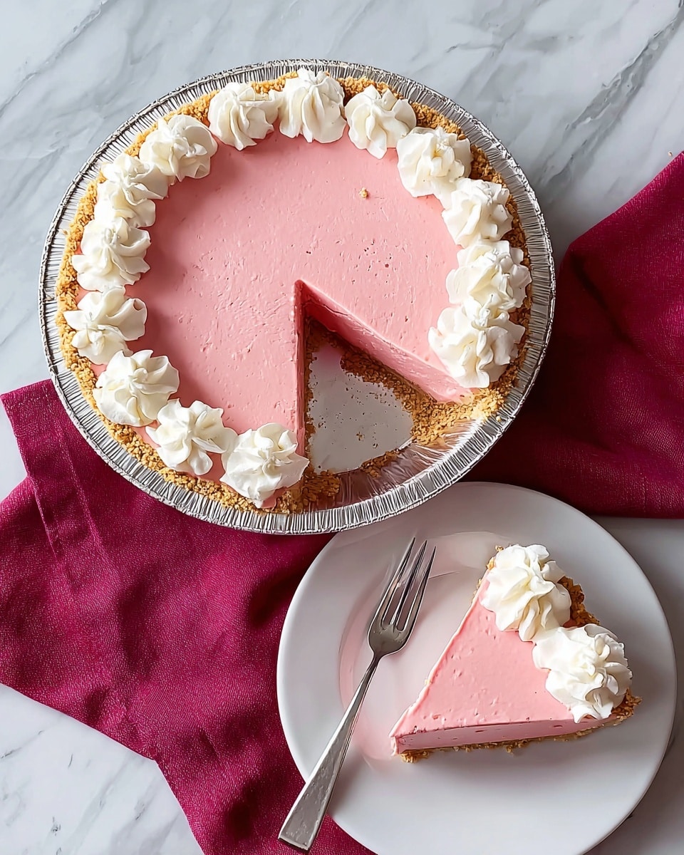 The image shows a full pink pie in a silver foil pie pan with a slice removed and placed on a white plate. The pie has a smooth pink creamy top layer decorated with evenly spaced dollops of white whipped cream around the edge. The crust is a golden brown crumbly base visible where the slice is taken out. The slice on the white plate is topped with three dollops of whipped cream along one side and sits next to a silver fork. Both the pie and plate are set on a white marbled surface with a pink cloth and a dark red cloth underneath the pie and plate. Photo taken with an iphone --ar 4:5 --v 7