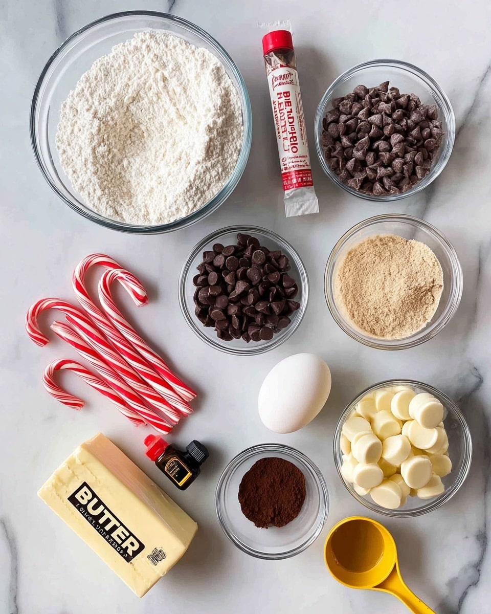 A top view of baking ingredients on a white marbled surface, arranged neatly in clear glass bowls and small containers. There are seven bowls: a large one with white flour at the top left, another with a mix of white and brown sugar at the top right, a medium bowl below the flour with dark chocolate chips, a smaller one in the center containing cocoa powder, a bowl on the right holding white chocolate disks, and another near the bottom left with a dark powder, likely coffee. A single white egg sits near the middle, next to a stick of butter wrapped in paper labeled