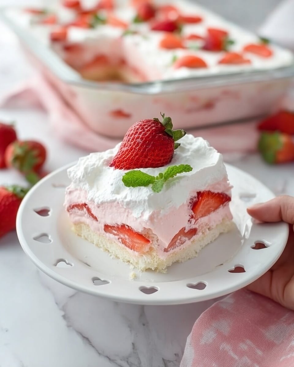 The image shows a layered strawberry dessert served on a white plate with heart-shaped cutouts around the edge. The dessert has three layers: the bottom layer is a white, soft biscuit or cake layer, the middle layer is a light pink creamy strawberry layer with visible fresh strawberry slices, and the top layer is thick white whipped cream. On top of the whipped cream, there is a half strawberry with a small green mint leaf. In the background, the rest of the dessert is in a clear glass rectangular dish topped with white whipped cream and halved strawberries. The setting is on a white marbled surface with a pink and white cloth nearby. A woman's hand is holding the plate. Photo taken with an iphone --ar 4:5 --v 7