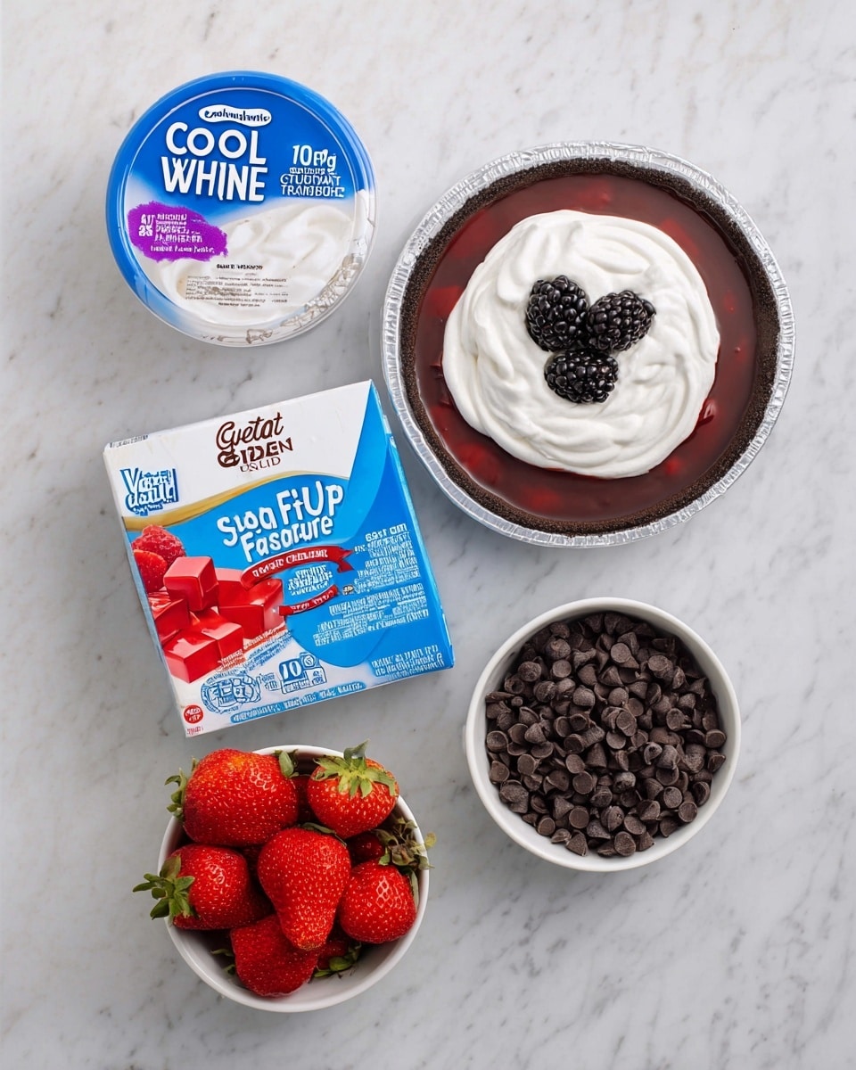The image shows five items on a white marbled surface: a round container of Cool Whip Zero Sugar with a blue and purple label featuring a swirl of white whipped topping with blackberries, a white box of Great Value Sugar Free Strawberry Gelatin Dessert with an image of red gelatin cubes and strawberries, a round chocolate snap pie crust in its packaging with blue and brown labels, a small white bowl filled with dark chocolate chips, and another small white bowl filled with fresh red strawberries with green tops. The items are arranged in a loose rectangular pattern with Cool Whip and gelatin on the top row and pie crust and bowls on the bottom row. photo taken with an iphone --ar 4:5 --v 7