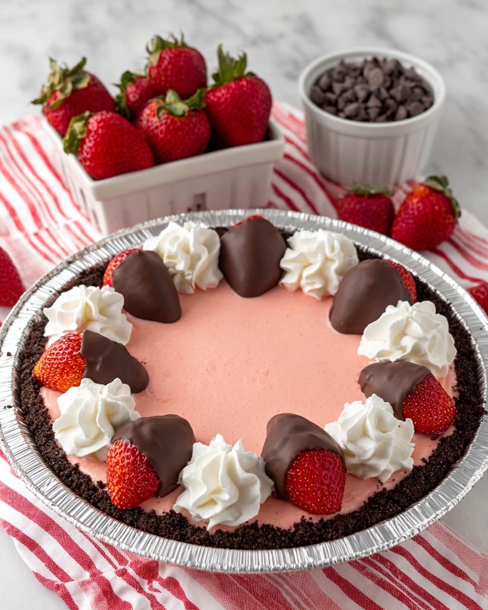 The image shows a pie with three clear layers: a dark brown crumb crust forming the base and sides, a smooth pink creamy filling in the middle that fills the pie up to the edges, and on top multiple large strawberries dipped halfway in dark chocolate scattered across the surface. Between the strawberries, there are six small white dollops of whipped cream evenly spaced around the pie's top. The pie sits in a silver foil pie tin on a white marbled surface, with a white container of fresh strawberries and a small white bowl filled with dark chocolate chips behind it, all set on a red and white striped cloth. photo taken with an iphone --ar 4:5 --v 7