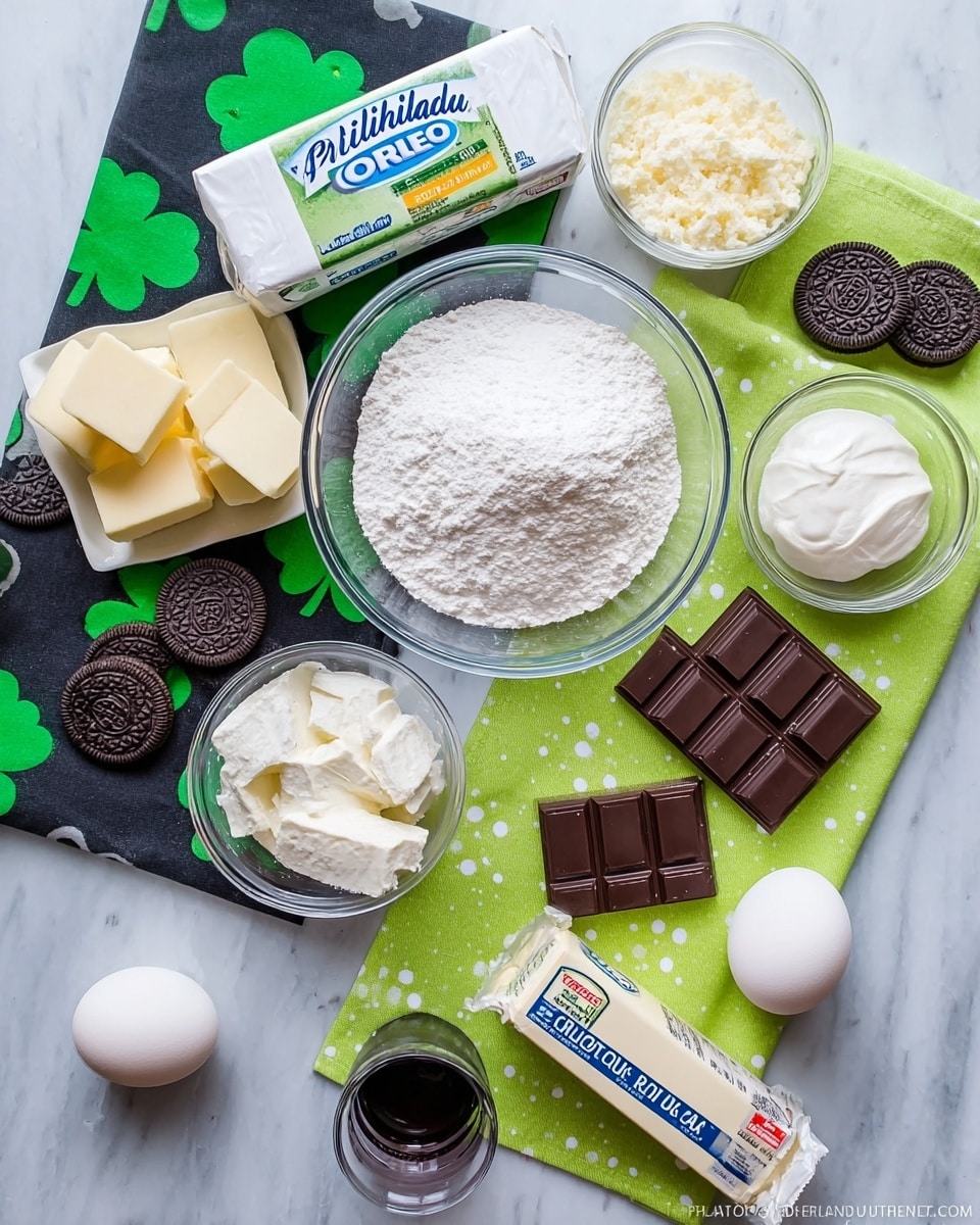 The image shows baking ingredients neatly arranged on a white marbled surface with two cloths underneath, one black with green clover shapes and one light green with white dots. There are three packages of Philadelphia cream cheese, a large glass bowl filled with white sugar, a smaller glass bowl with white powdered sugar, and another small glass bowl with white sour cream. Around them are two pieces of white chocolate and two pieces of dark chocolate, several Oreo cookies scattered around, three white eggs, a stick of butter in white wrapper with red and yellow text, and a small clear plastic cup with dark liquid inside. The ingredients are spread evenly and neatly with vibrant colors and textures visible. photo taken with an iphone --ar 4:5 --v 7