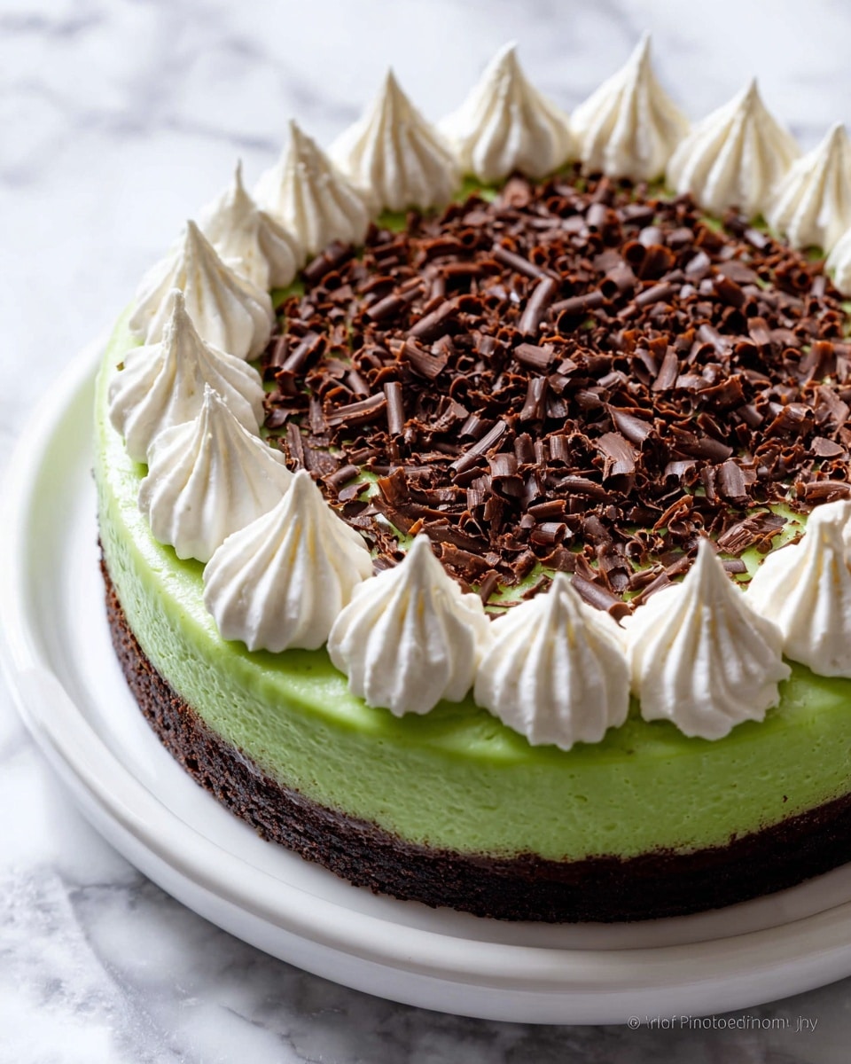 The image shows a round dessert with three main layers on a white plate, set on a white marbled surface. The bottom layer is dark brown and crumbly, likely a chocolate cookie crust. The middle layer is thick and bright green, smooth and creamy in texture. The top layer has white dollops of whipped cream piped around the edge in a neat circle, each with ridges and a pointed peak. Inside this ring of cream, the center is fully covered with small, curled dark chocolate shavings, creating a textured look. The overall presentation is clean and colorful. photo taken with an iphone --ar 4:5 --v 7