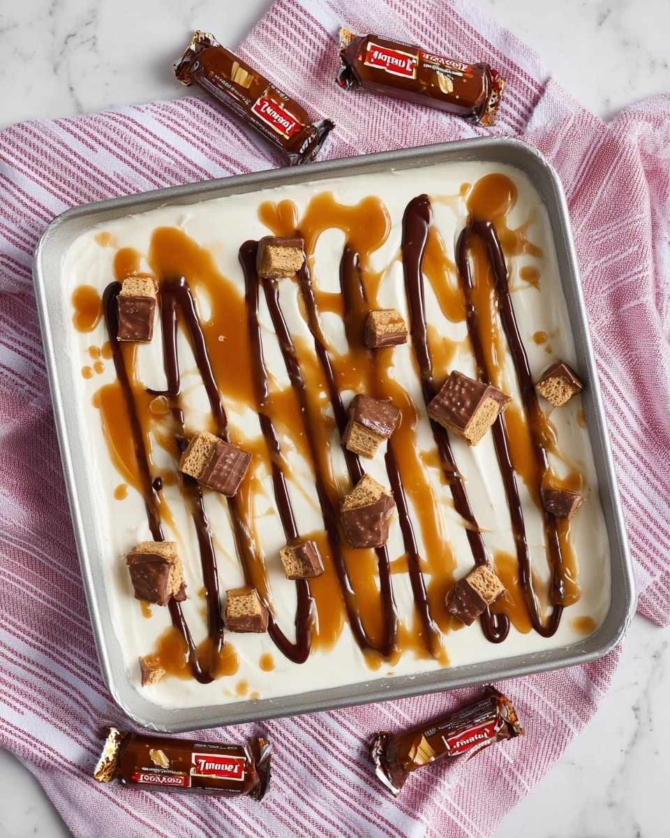 A square tray filled with a smooth white creamy layer as the base, topped with thin uneven stripes of dark brown chocolate sauce and caramel sauce running vertically. Scattered evenly across the top are small pieces of chocolate candy with a visible light caramel center and crunchy biscuit inside. The tray rests on a soft pink and white striped cloth, with three small wrapped candy bars placed around it on a white marbled surface. Photo taken with an iphone --ar 4:5 --v 7