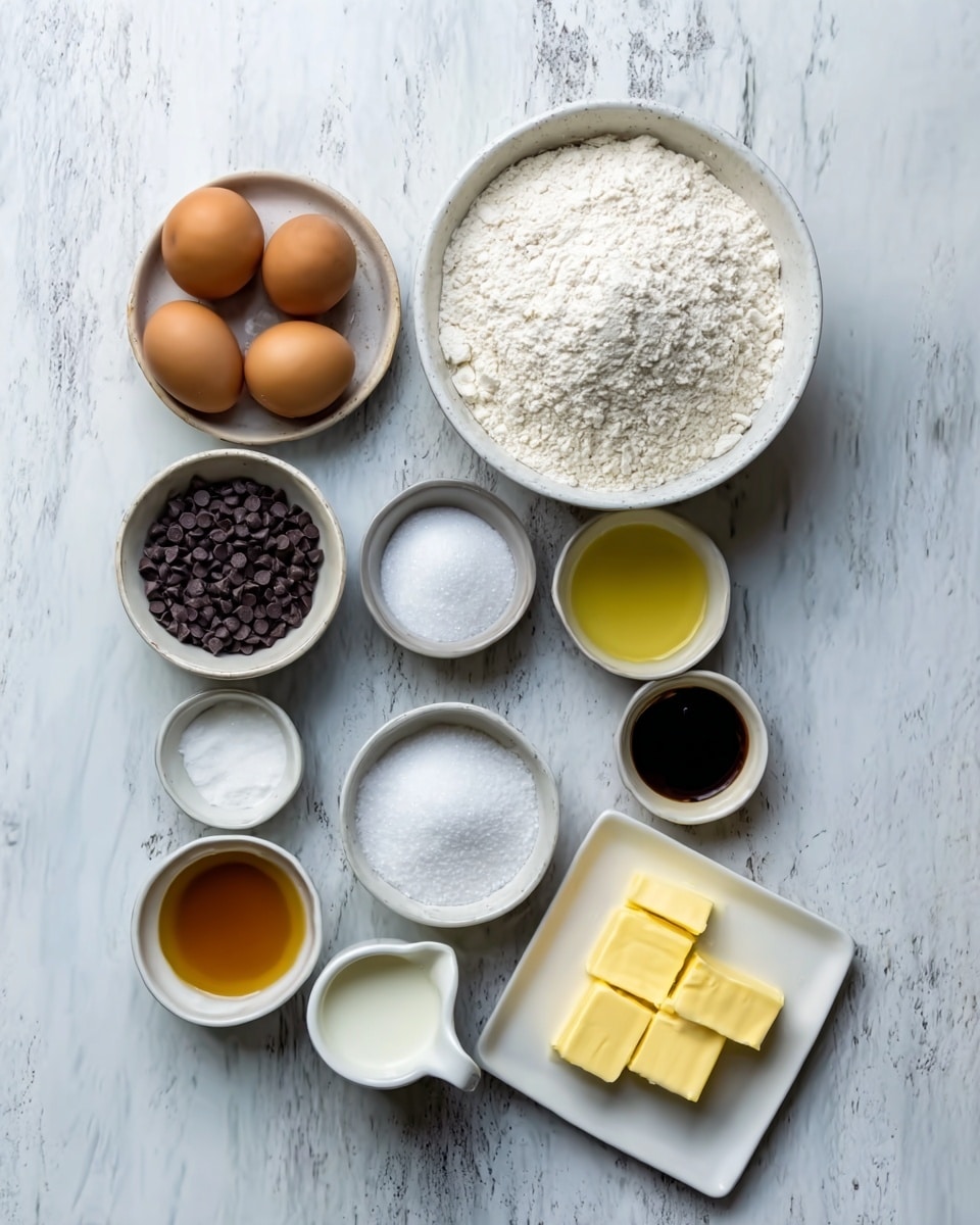 The image shows several white bowls and cups arranged on a white marbled surface. There is one large white bowl filled with white flour at the top center. To the left of the flour bowl is a small white bowl with dark chocolate chips. Below and slightly to the left is a medium white bowl containing three brown eggs. To the right of the eggs bowl are three tiny white bowls with white salt, white baking powder, and a dark brown liquid, likely vanilla extract. Below these, a medium white bowl is filled with white granulated sugar in the center. To the left of the sugar bowl is a small white bowl containing light brown liquid, possibly honey. Below the sugar bowl, a small white cup holds white milk. To the right of the milk, there is a white square plate with four yellow butter pieces. Finally, there is a small white bowl with golden olive oil on the bottom left. The scene looks like ingredients ready to bake a cake or cookies. photo taken with an iphone --ar 4:5 --v 7