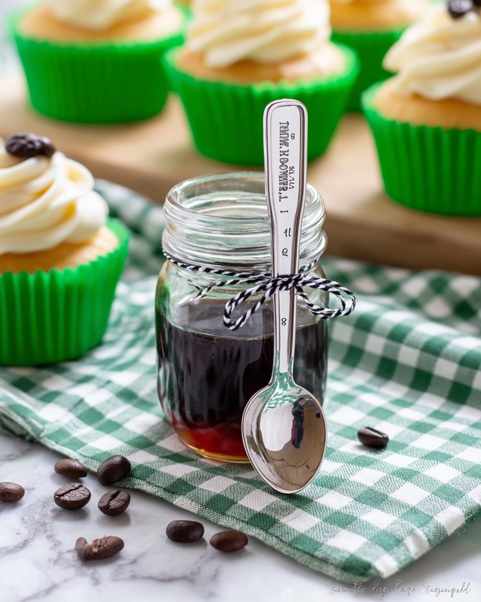 The image shows a small clear glass jar filled with dark brown syrup, tied around the neck with a black and white string bow. A shiny metal measuring spoon marked
