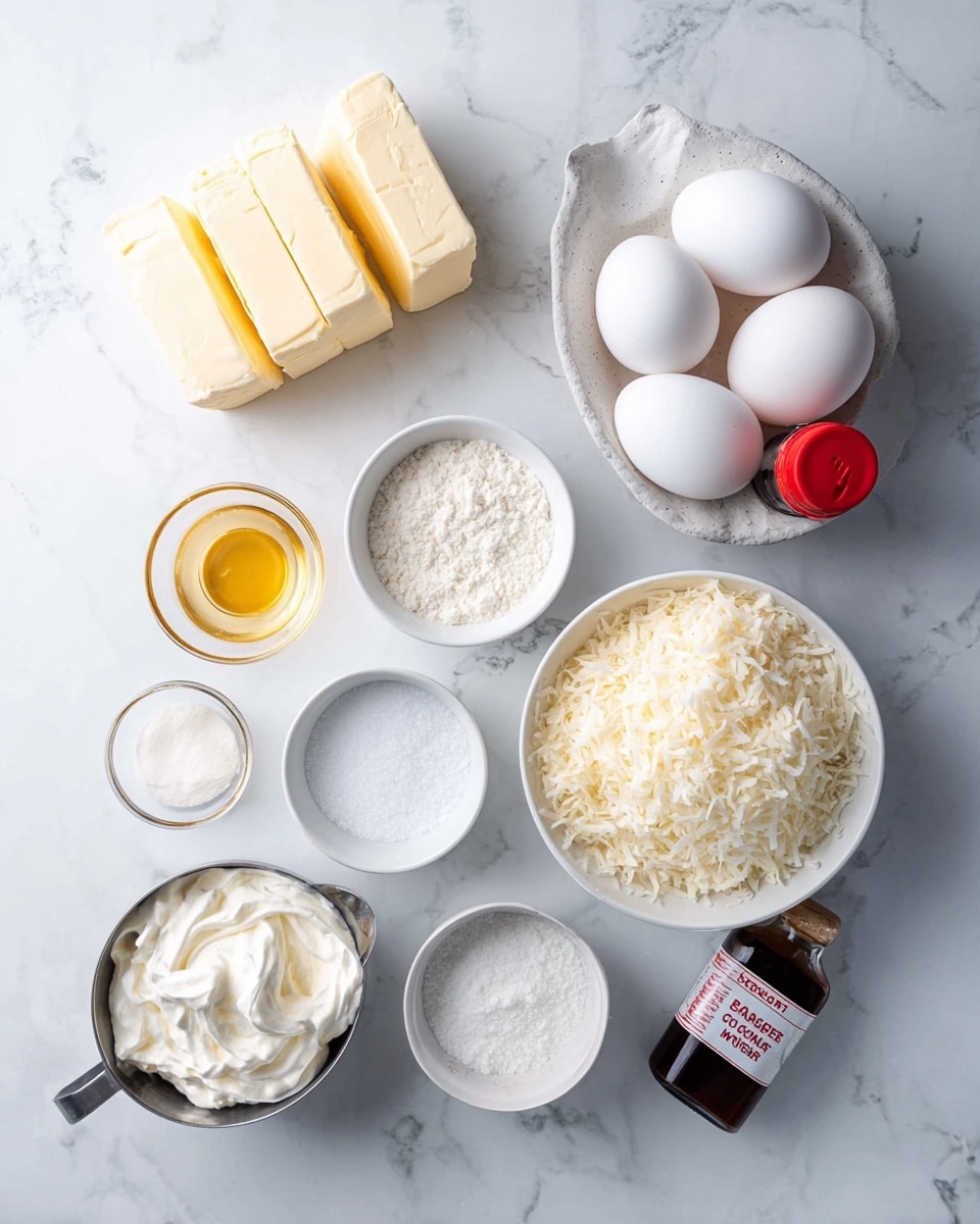 The image shows baking ingredients arranged neatly on a white marbled surface. There are three sticks of butter stacked near a carton holding six white eggs, all smooth and round. To the right, a white bowl is filled with shredded coconut, soft and fluffy in texture. Next to it, a white bowl holds clean granulated sugar, smooth and even. Above it circles a white measuring cup containing powdery powdered sugar. To the left sits a smaller metal cup full of whipped cream or thick yogurt, white and fluffy. Near the top are small glass bowls, one with a golden liquid (likely vanilla extract), one with white granular salt, and another with white baking powder. A small brown bottle with red top is labeled for coconut flavoring. Everything is set with clean, clear lighting, photo taken with an iphone --ar 4:5 --v 7