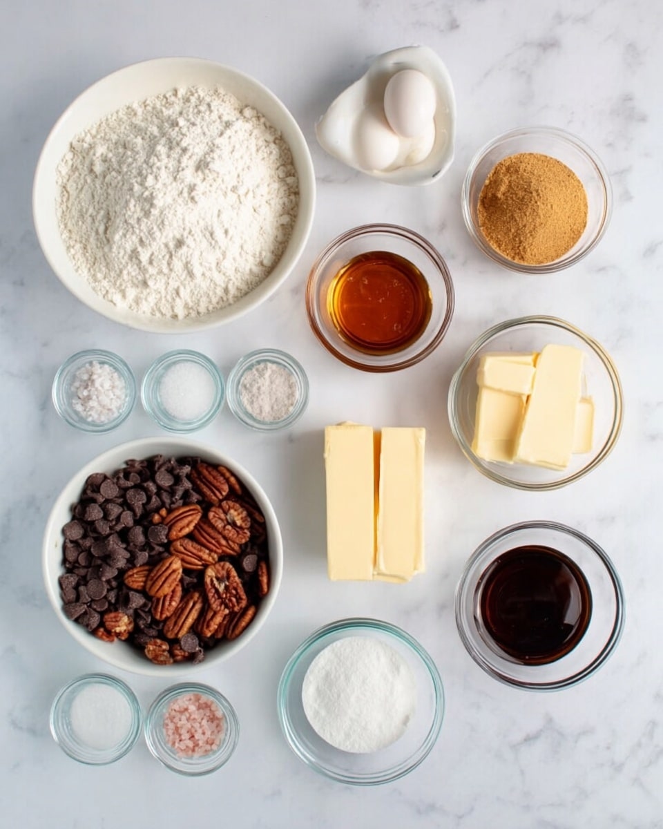 The image shows several small white bowls and clear glass bowls arranged neatly on a white marbled surface. On the top left, a large white bowl filled with white flour is visible. Next to it are two small white bowls, one filled with white granulated sugar, the other holding two white eggs. Moving to the right are a glass bowl with golden brown sugar, a glass bowl with dark vanilla extract, and two sticks of pale yellow butter placed side by side. Below these is a white bowl full of reddish-brown pecan halves. At the bottom, there is a large white bowl filled with small, dark brown chocolate chips. Three small clear glass bowls are arranged to the left at the bottom, containing white baking powder, white baking soda, and a touch of pink salt. The overall setup looks clean and organized. photo taken with an iphone --ar 4:5 --v 7