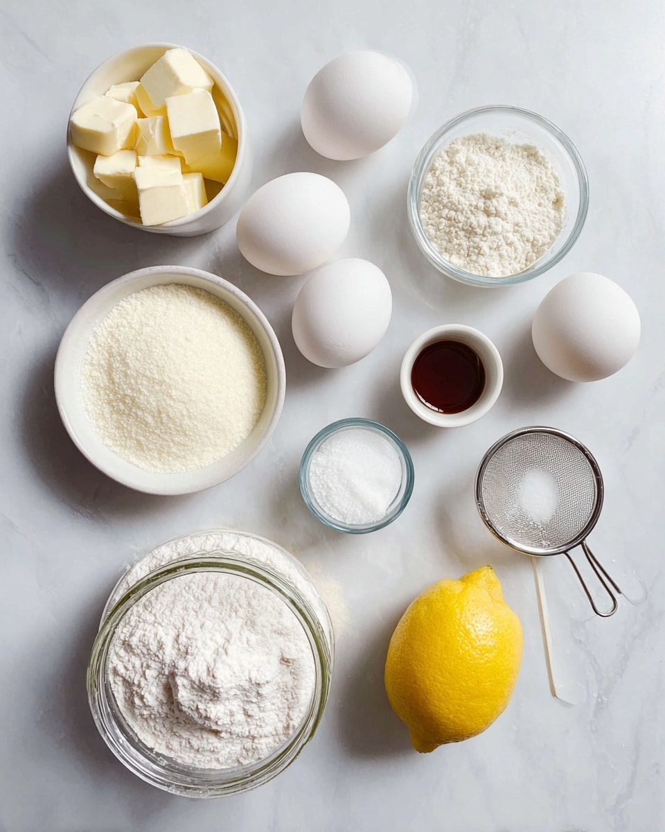The image shows various baking ingredients arranged neatly on a white marbled surface. There are five white eggs placed near the center, surrounded by small white bowls and a glass jar holding different ingredients like flour, sugar, and butter cubes. A whole bright yellow lemon is placed near the bottom center, with a small white strainer holding powdered sugar beside it. Each ingredient is clearly visible, with soft natural light illuminating the scene, creating a clean and fresh look. Photo taken with an iphone --ar 4:5 --v 7