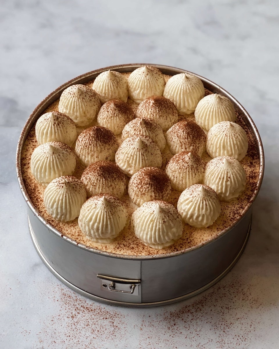 A round cake with a smooth light brown base layer inside a silver cake mold is set on a white marbled texture. On top, there are three rows of piped cream dollops, 19 in total, with a ribbed texture and a creamy white color. Each dollop is dusted with a light sprinkling of cocoa powder that also lightly covers the edges of the cake. The cake mold has a latch on the side, and the whole presentation is neat and clean. Photo taken with an iphone --ar 4:5 --v 7