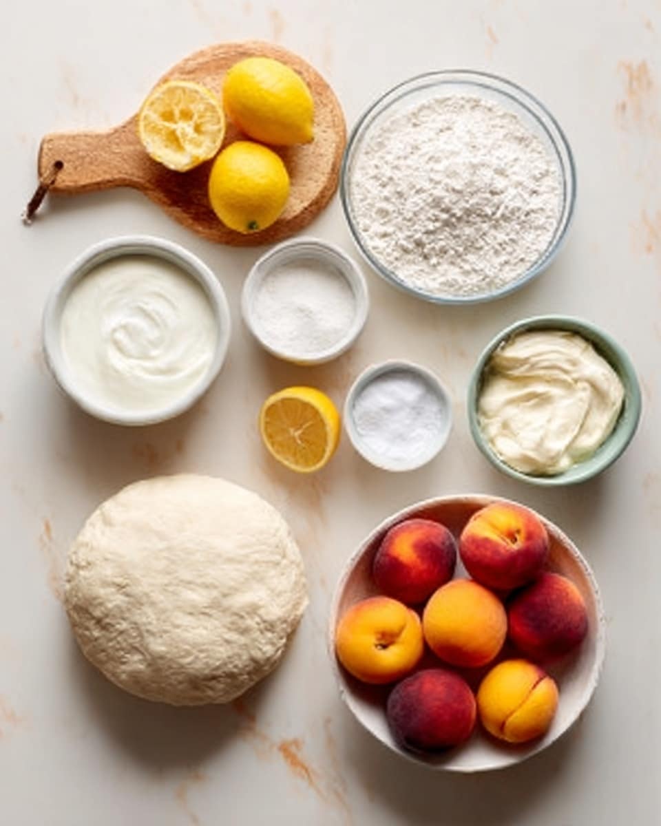 The image shows a white marbled surface with a round ball of dough on the bottom left. Above it is a small wooden board holding a bowl of white creamy yogurt, two lemon halves, and an egg. To the right is a clear glass bowl filled with white flour. Smaller white bowls with sugar, another white ingredient, and a creamy white mixture are placed between the dough and the flour bowl. At the bottom right, there is a white bowl full of red and yellow peaches and apricots. Photo taken with an iphone --ar 4:5 --v 7