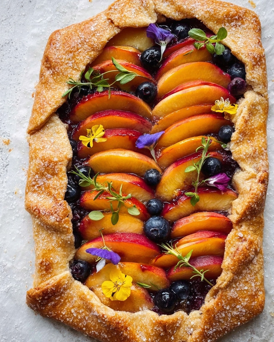 The image shows a rustic fruit tart on a white marbled surface, with a thick golden brown crust folded irregularly around the fruit filling. Inside, there are many slices of shiny reddish-orange peaches arranged diagonally in layers across the tart, their smooth texture catching the light. In between the peach slices, plump dark blue blueberries are scattered evenly. Small green herb leaves and tiny yellow and purple edible flowers are placed delicately over the fruit, adding fresh color and texture contrast. The crust has a sprinkling of coarse sugar that gives it a sparkling, crunchy look. photo taken with an iphone --ar 4:5 --v 7