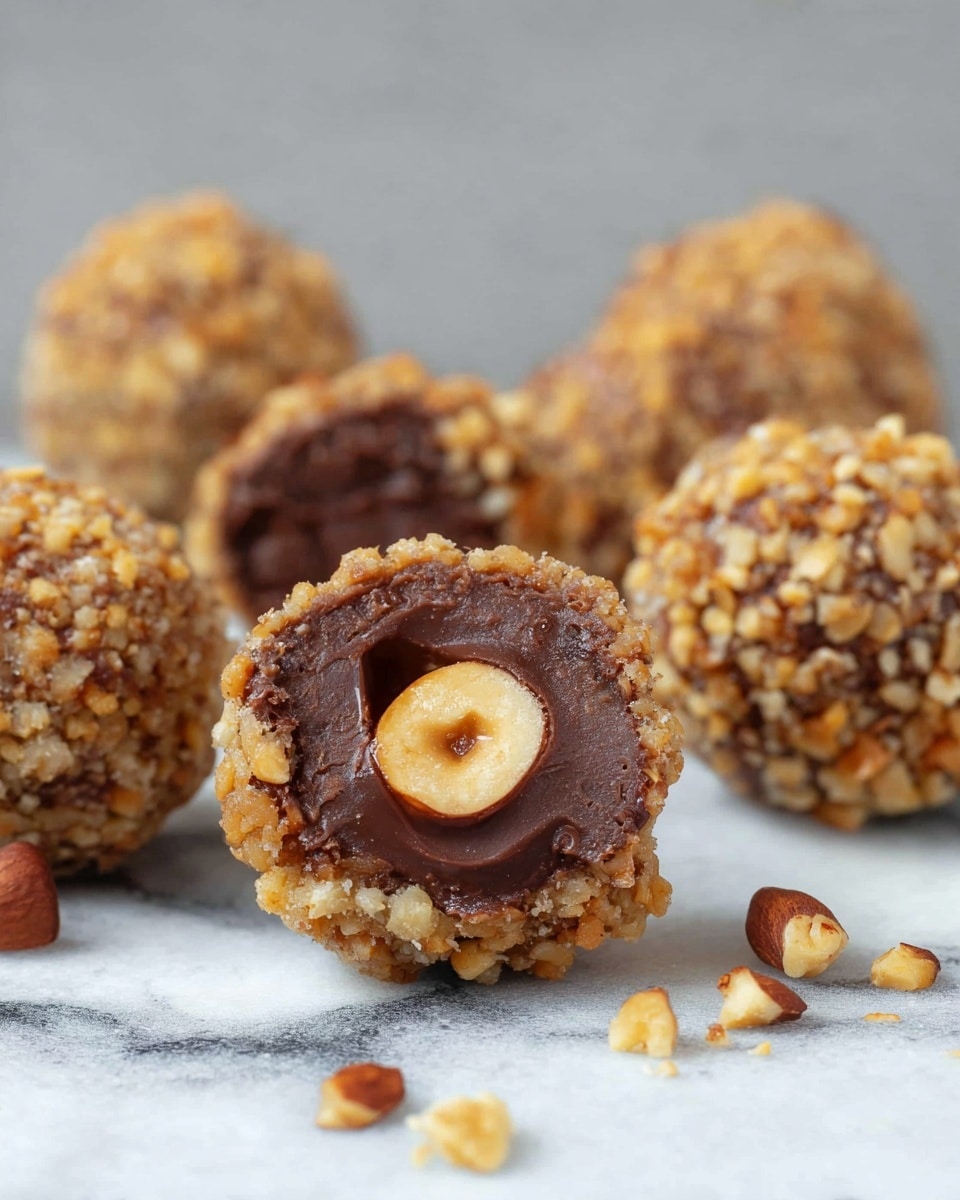 The image shows round chocolate balls with a crunchy nut coating on the outside. One chocolate ball is cut open to show three layers: the outer layer is light brown with small nut pieces, the inside layer is a smooth dark chocolate, and at the very center is a whole hazelnut. The chocolate balls are placed on a white marbled surface, with a few scattered nut pieces around them. The background is blurred and plain, focusing on the chocolate balls. photo taken with an iphone --ar 4:5 --v 7