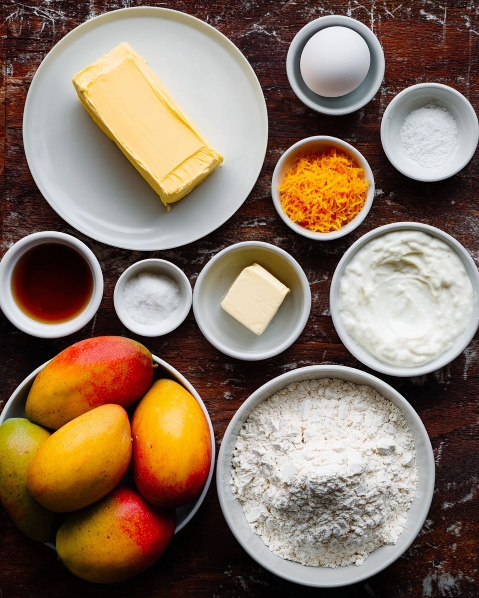 A flat white plate in the center holds a stick of light yellow butter. Surrounding it on a dark wooden surface are small white bowls: one with bright orange zest, one with a single white egg, one with white sugar, one filled with white salt, a small amount of melted butter in another, a small square of white cream cheese in another, a bowl with white flour that has a slightly rough texture, a bowl of thick white yogurt, and a bowl with dark brown vanilla extract. Near the bottom left is a white bowl with three ripe mangoes, mostly yellow with red and green patches. The background is a white marbled texture. Photo taken with an iphone --ar 4:5 --v 7