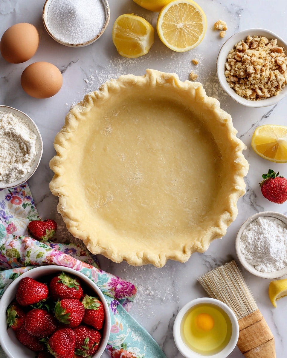 The image shows a flat, round pie crust with a smooth and slightly floured surface placed in the center on a white marbled texture. Around it are small white bowls containing an egg, white sugar, light brown sugar, and crushed nuts, along with a partially sliced lemon and a white bowl full of fresh red strawberries with green tops. A wooden pastry brush and a colorful cloth with floral patterns are also visible. The scene is bright and clean, with all items neatly arranged. Photo taken with an iphone --ar 4:5 --v 7