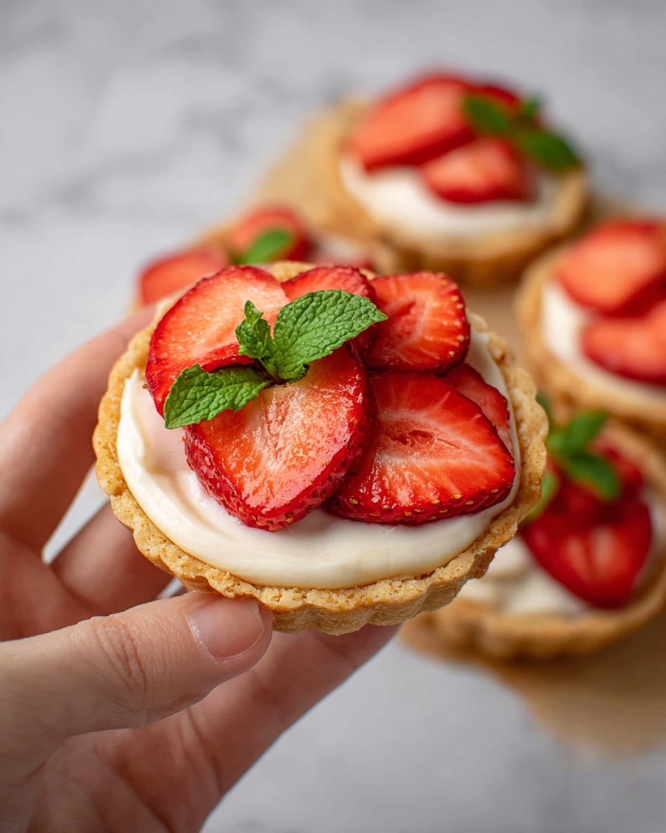 A small tart held by a woman's hand shows three layers: a golden-brown crust forming the base with a slightly rough texture, a smooth, creamy white filling sitting just inside the crust, and several bright red strawberry slices neatly arranged on top. Small green mint leaves are placed among the strawberries, adding fresh color contrast. In the background, more similar tarts are visible, all on a white marbled surface. photo taken with an iphone --ar 4:5 --v 7