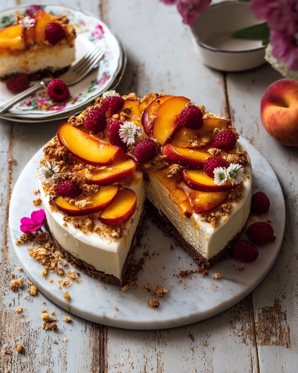 A round cake with three visible layers sits on a white marbled surface; the bottom layer is dark brown and crumbly, the middle layer is smooth and light cream-colored, and the top layer is white cream spread thickly. On top, there are many slices of bright orange and red peaches arranged in a circular, slightly overlapping pattern, along with scattered fresh red raspberries, small white edible flowers, and crushed crumble bits sprinkled around. A single slice is missing from the cake, showing the inside layers clearly. Nearby on the table, two white plates with floral patterns each hold a slice of the same cake. Photo taken with an iphone --ar 4:5 --v 7