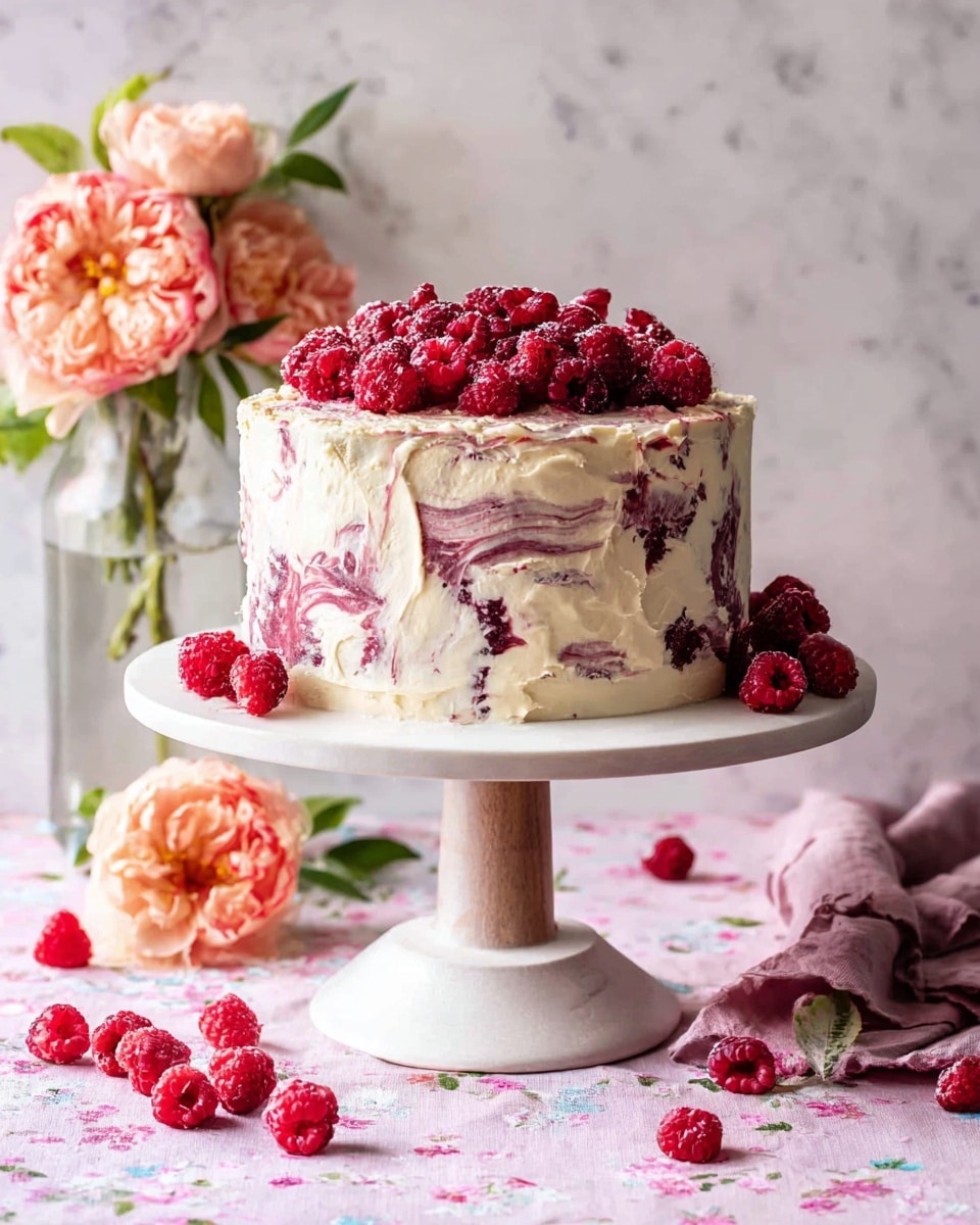 This image shows a two-layer round cake on a white cake stand with a smooth pedestal. The cake is covered in creamy white frosting with visible swirls of dark red or purple, making a marbled texture all around. On top, a layer of fresh red raspberries is placed, some tucked into the frosting edges. The tablecloth below is light pink with a soft pattern, scattered with extra raspberries and peach-colored flowers with green leaves. Behind the cake, there is a clear glass jar holding more flowers. The background is a white marbled texture. photo taken with an iphone --ar 4:5 --v 7