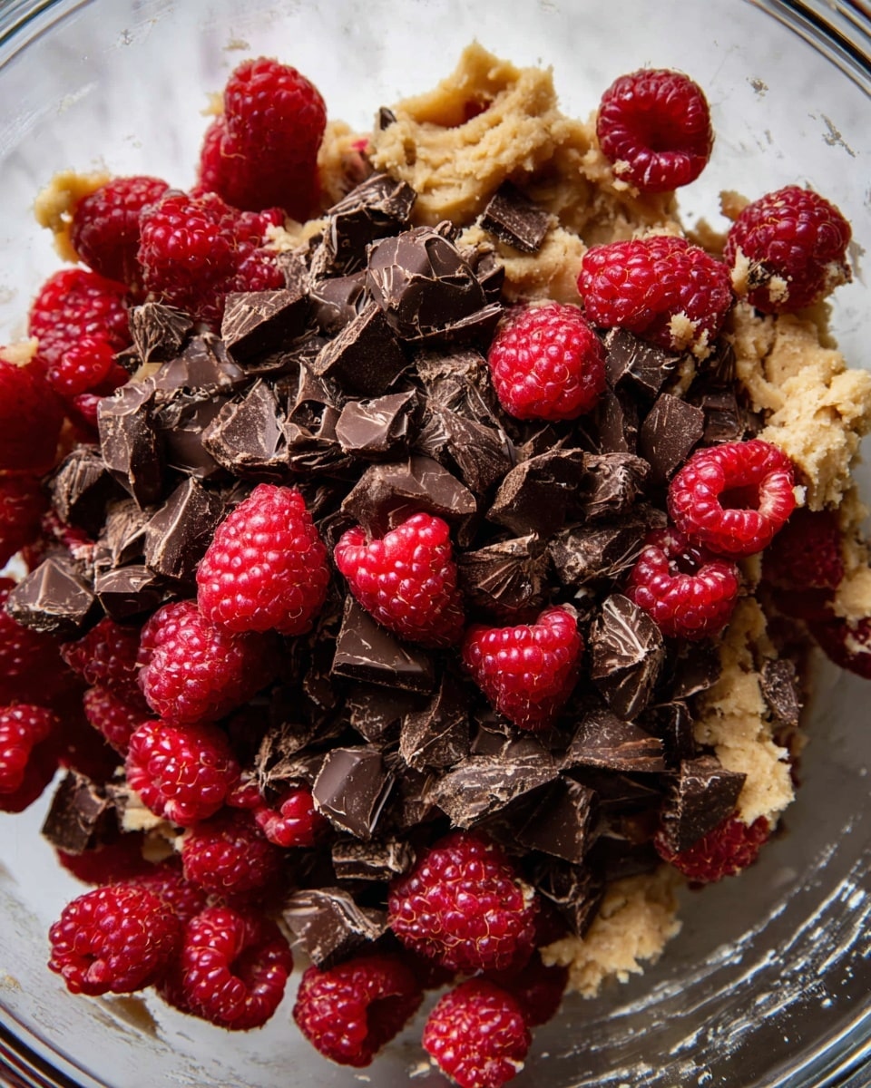 A close-up view of a mixture in a clear bowl, showing three main layers: at the bottom, a dense, slightly chunky light beige dough base with a soft texture; scattered on top are many pieces of dark brown, roughly chopped chocolate chunks with varied sizes and sharp edges; mixed throughout are bright red fresh raspberries, round with a bumpy texture, adding a pop of color against the dough and chocolate. The bowl sits on a white marbled surface. photo taken with an iphone --ar 4:5 --v 7