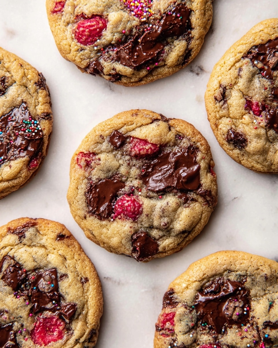 The image shows five round cookies on a white marbled surface. Each cookie has a golden brown base with visible soft texture and slightly crispy edges. Dark chocolate chunks are melted inside, spreading unevenly across the cookies. Bright red raspberry pieces are mixed into the dough, some near the center, adding a pop of color. One cookie at the top has a few colorful sprinkles and a small raspberry on it. The cookies have a slightly imperfect, homemade shape and appear warm and fresh. Photo taken with an iphone --ar 4:5 --v 7