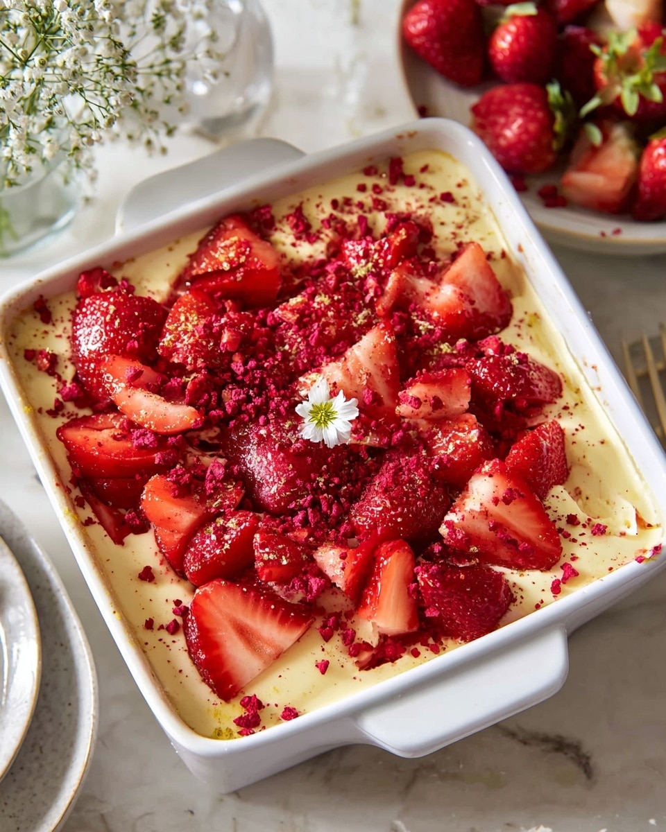 A white square dish with a handle holds a dessert with three layers visible: the bottom layer is light yellow cream, thick and smooth, covering the entire base; on top of this is a generous layer of bright red sliced strawberries spread evenly, some slices showing the texture of the seeds and juicy flesh; sprinkled all over the strawberries are small pieces of crushed freeze-dried red berries adding a rough texture contrast; a small white flower is placed near the center as a garnish. The dish sits on a white marbled surface, with part of a white plate filled with whole strawberries and a glass with white flowers visible in the background. Photo taken with an iphone --ar 4:5 --v 7