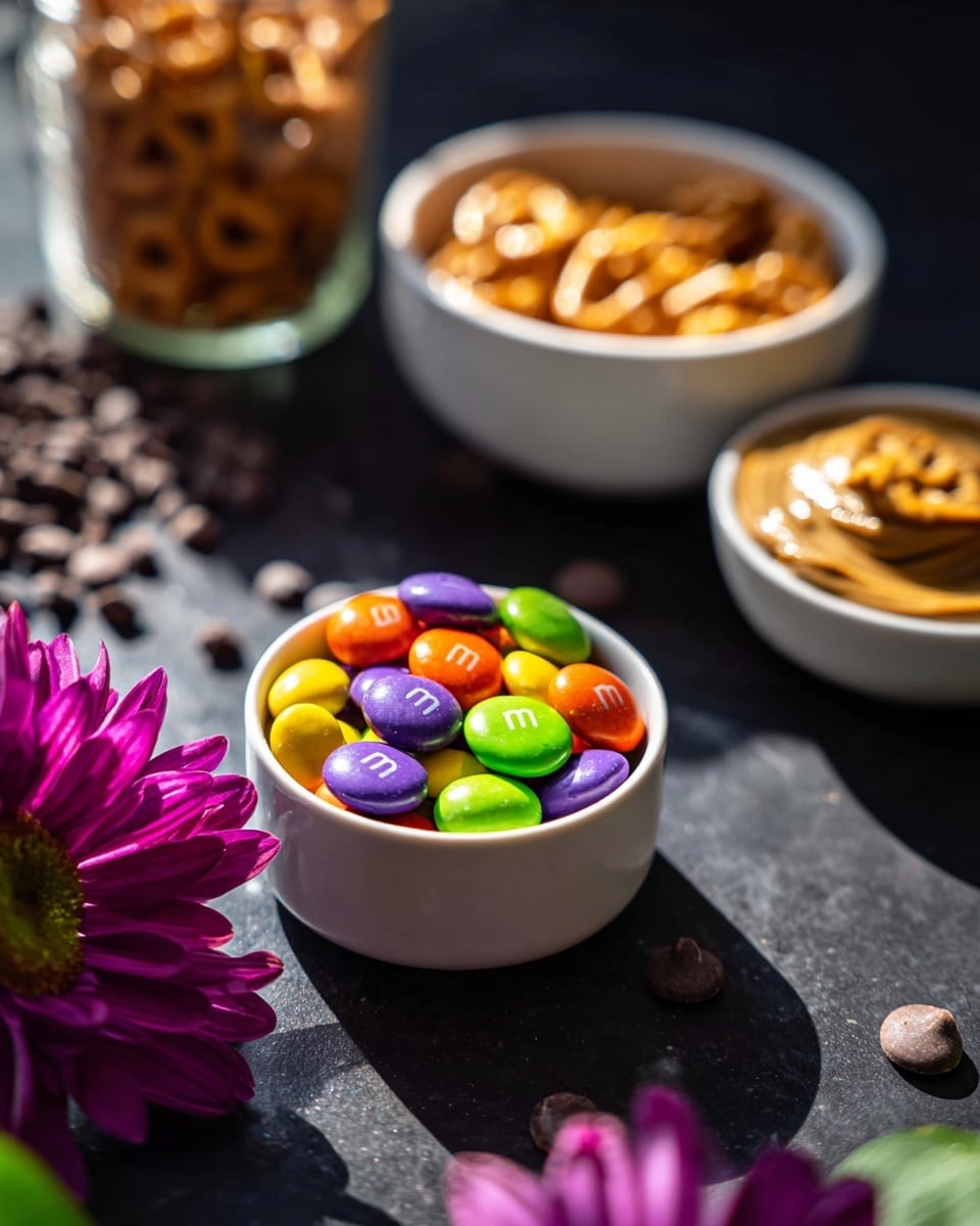 A close-up image shows a small white bowl filled with colorful candies in bright purple, orange, yellow, and green, each candy smooth and shiny with some marked by the letter