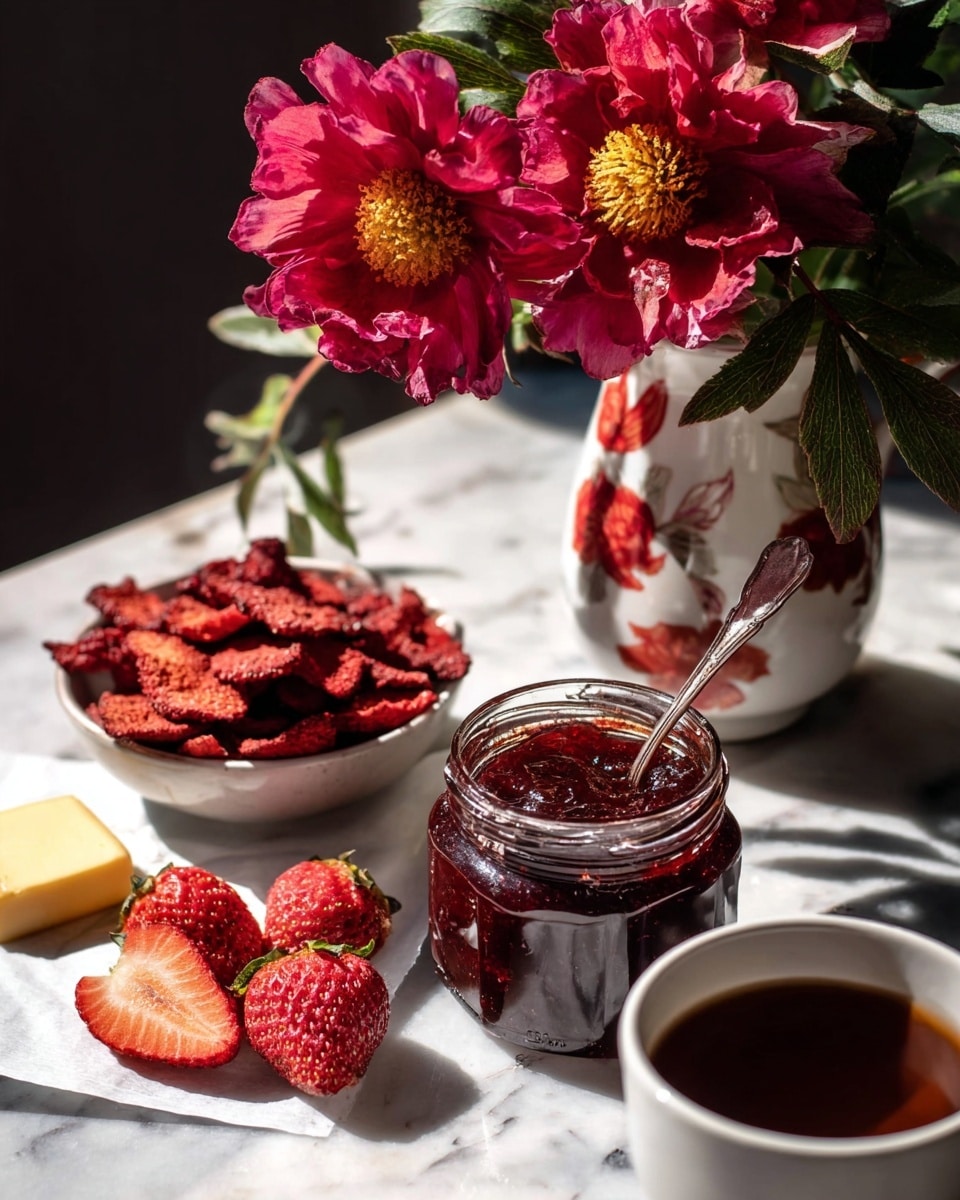 The image shows a jar of dark red strawberry jam with a spoon inside, placed on a white marbled surface. Behind it, there is a white bowl filled with dried red strawberries, showing many slices with a rough texture. To the side, a white piece of paper holds a few fresh strawberries with a small yellow block of butter underneath. A white ceramic vase with red floral patterns contains two large deep pink flowers with yellow centers and green leaves extending outward. In the foreground, part of a white cup filled with a dark brown liquid is visible. The scene is lit by bright natural light casting sharp shadows. photo taken with an iphone --ar 4:5 --v 7