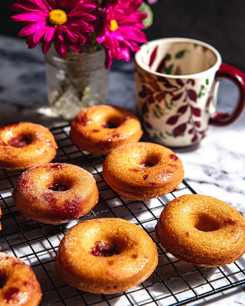 The image shows seven golden brown donuts with a smooth, slightly rough texture, some featuring small darker spots that suggest a fruit or jam filling inside. They are arranged on a black metal cooling rack with a grid pattern, placed on a white marbled surface. In the background, there is a white mug with dark red leaf patterns and a dark red handle, holding two bright pink flowers with yellow centers and green leaves, softly lit by natural light. Photo taken with an iphone --ar 4:5 --v 7
