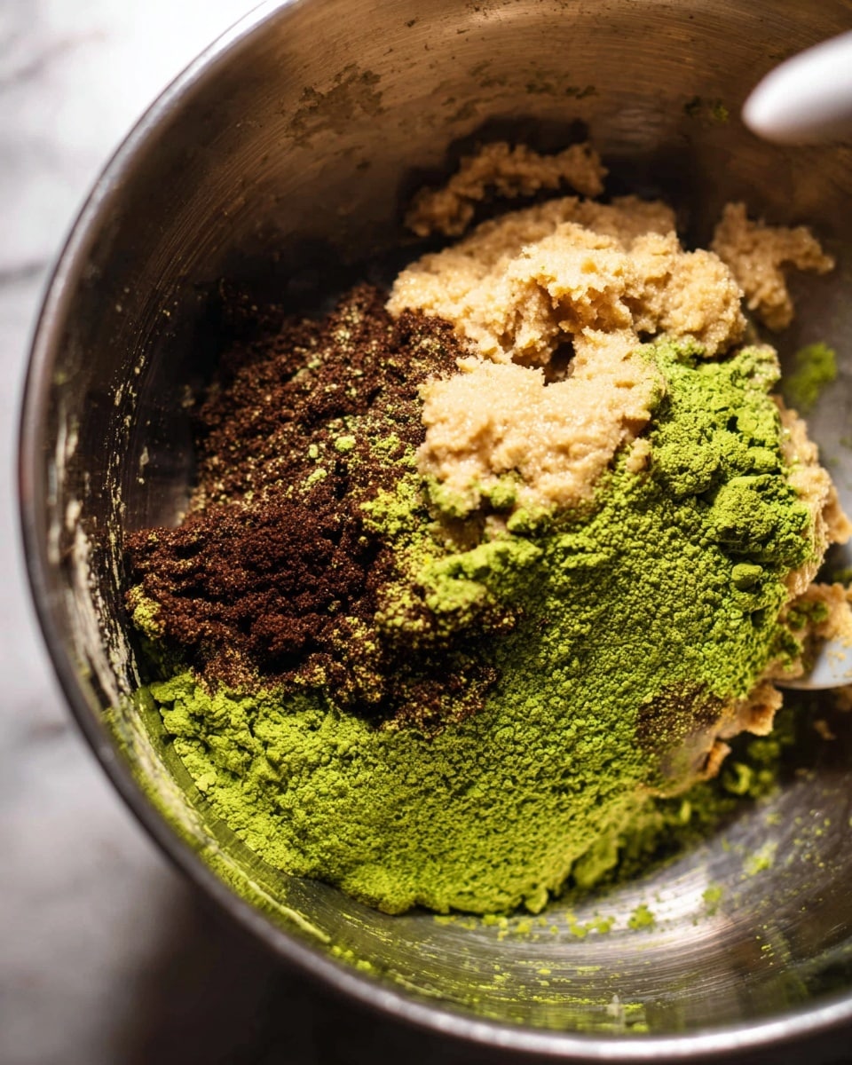 Inside a metallic mixing bowl, there are three main layers of ingredients. The bottom layer shows dark brown clumps with a rough texture. Above that, there is a vivid green powder sprinkled over the brown clumps, creating a fine, uneven layer. On top of the green powder, there is a soft, creamy beige mass with a slightly grainy texture, piled loosely. The bowl is placed on a white marbled surface, and part of a white spoon is slightly visible on the top left edge of the image. The colors contrast sharply, showing the mixture layers clearly. photo taken with an iphone --ar 4:5 --v 7